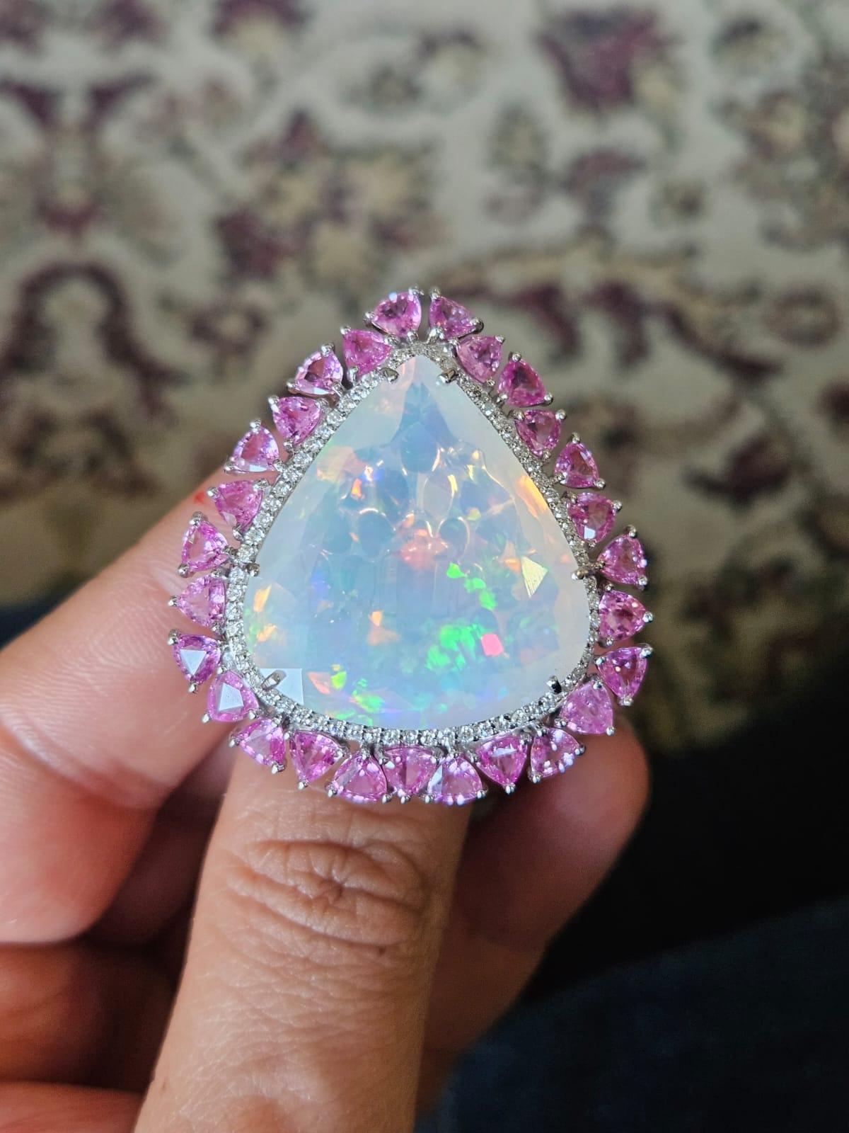Modern 29.59 ct Ethiopian Opal, Pink Sapphire & Diamond Cocktail Ring/ Pendant Necklace For Sale
