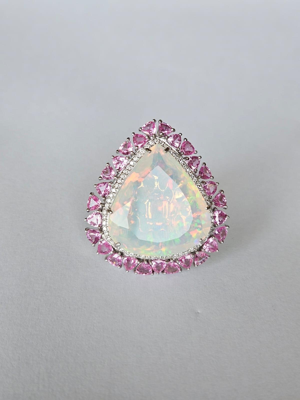 Bague cocktail/ collier pendentif d'opale éthiopienne 29,59 carats, saphir rose et diamants Unisexe en vente
