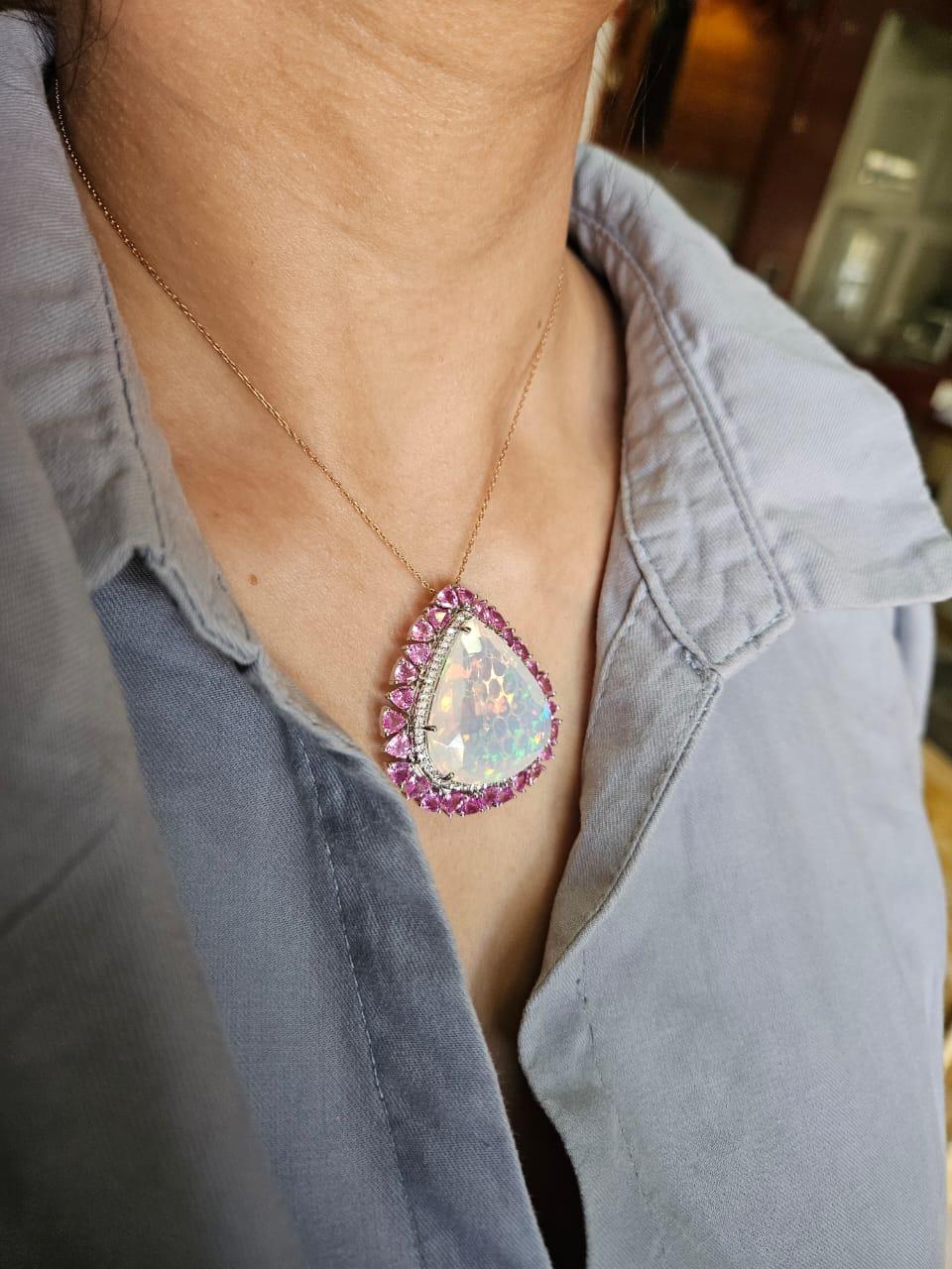 Bague cocktail/ collier pendentif d'opale éthiopienne 29,59 carats, saphir rose et diamants en vente 1