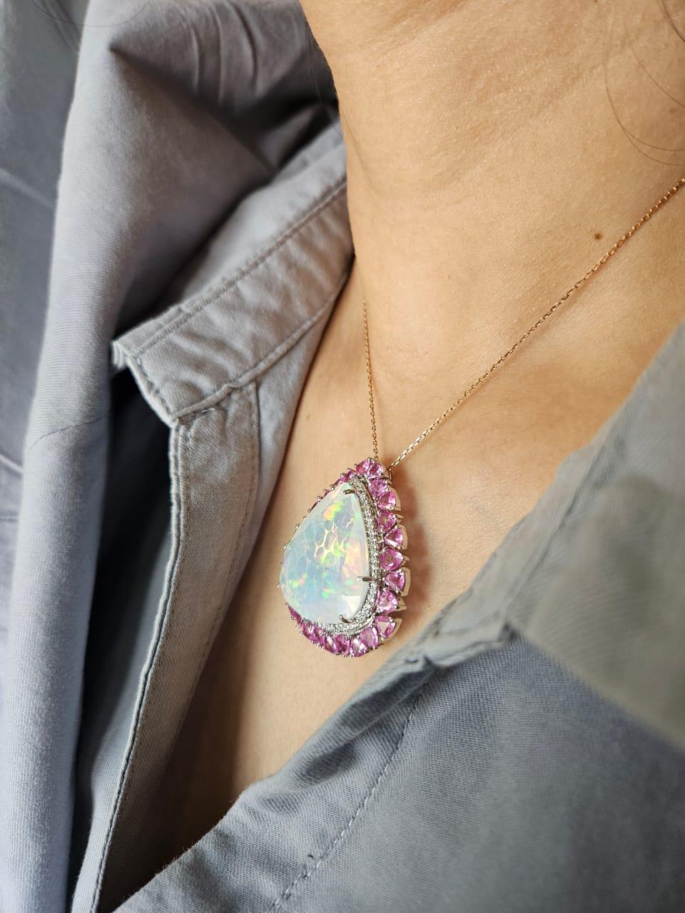 Bague cocktail/ collier pendentif d'opale éthiopienne 29,59 carats, saphir rose et diamants en vente 2