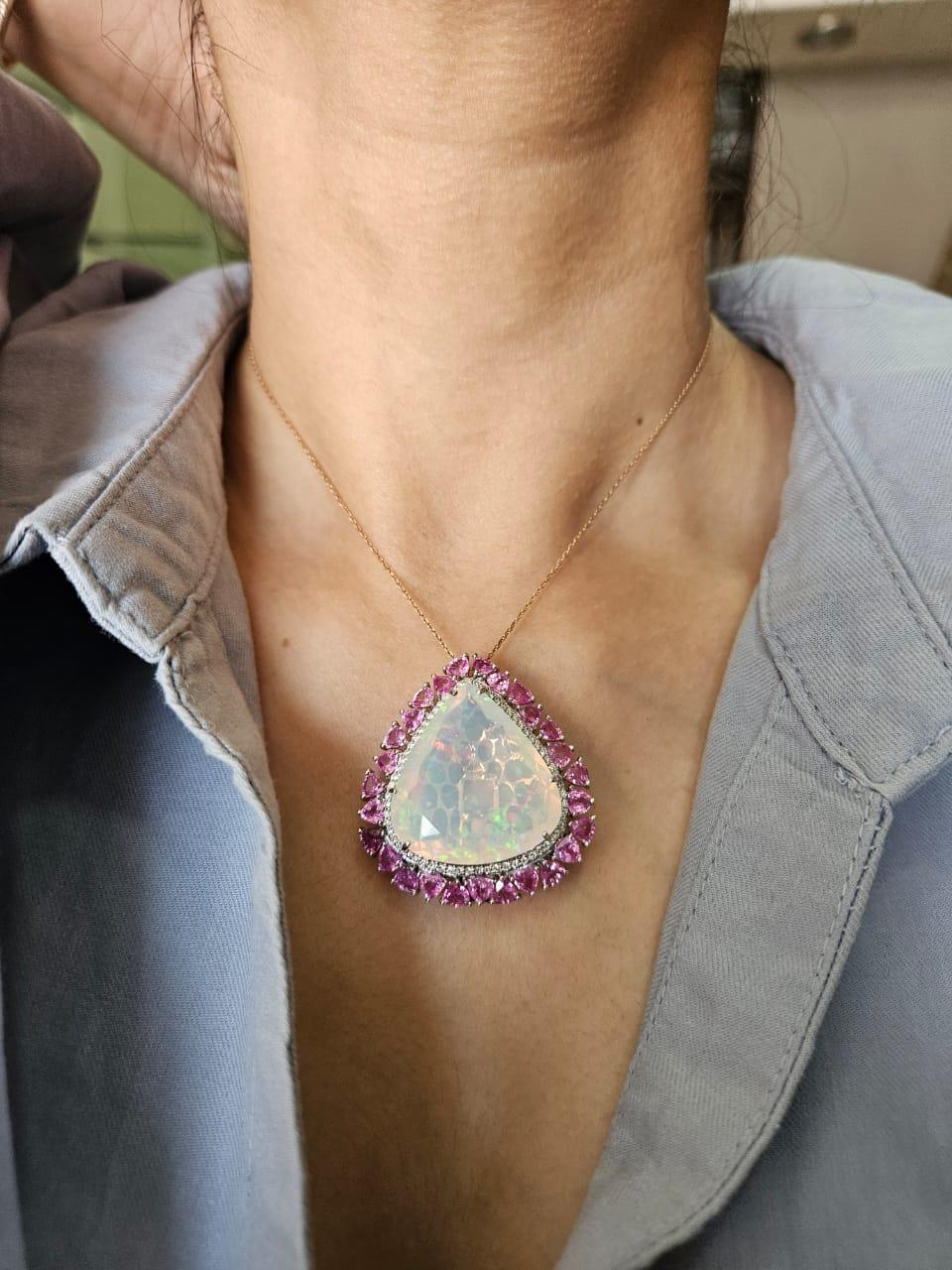 Bague cocktail/ collier pendentif d'opale éthiopienne 29,59 carats, saphir rose et diamants en vente 3