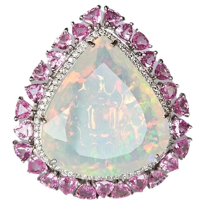 Bague cocktail/ collier pendentif d'opale éthiopienne 29,59 carats, saphir rose et diamants en vente