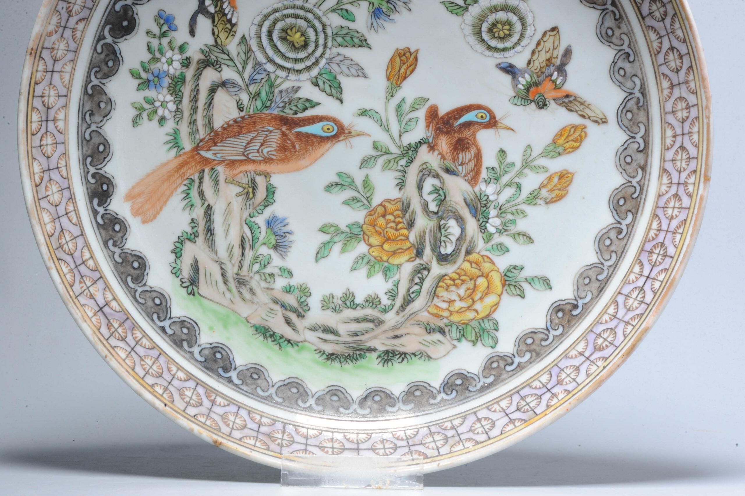 Qing Antique Chinese Porcelain 19C Cantonese Dish Birds Butterflies Flowers For Sale
