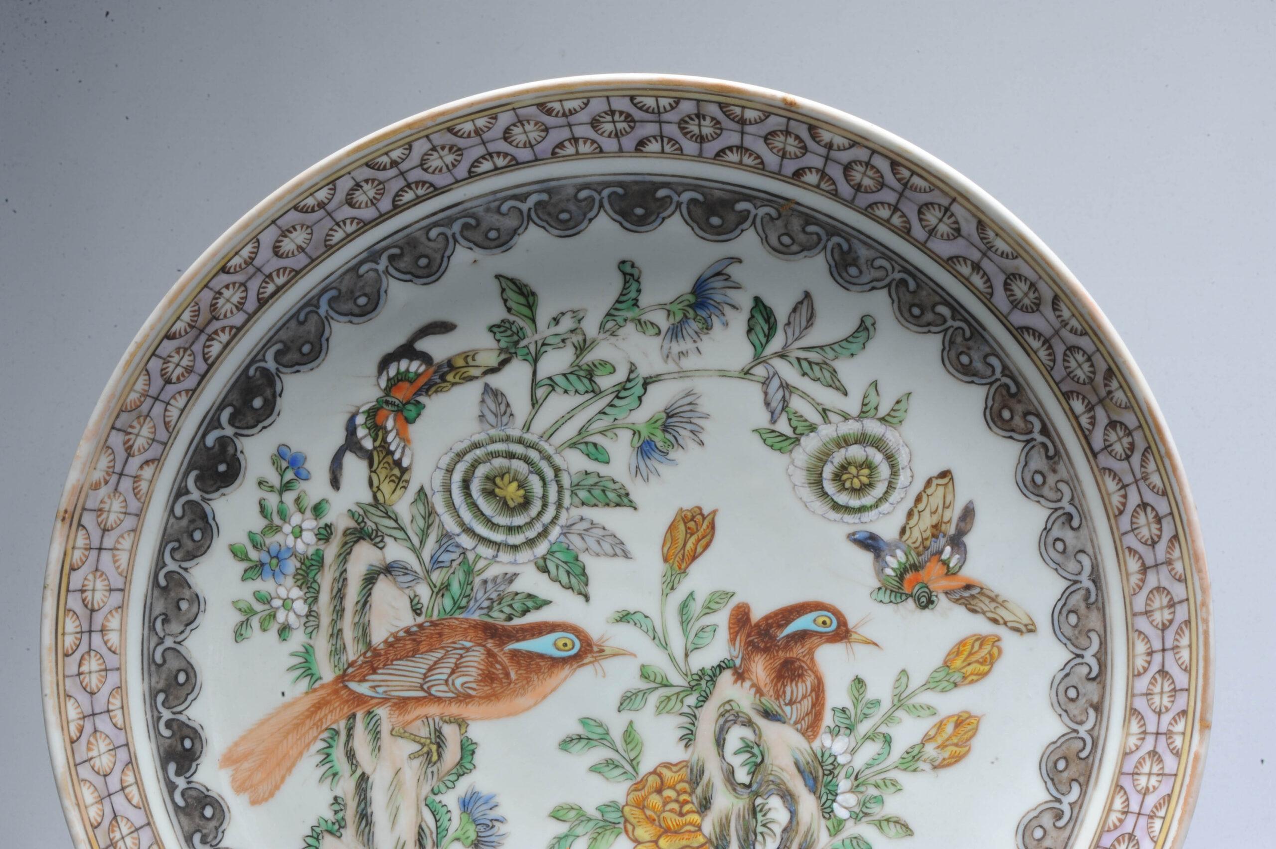 Antique Chinese Porcelain 19C Cantonese Dish Birds Butterflies Flowers In Excellent Condition For Sale In Amsterdam, Noord Holland