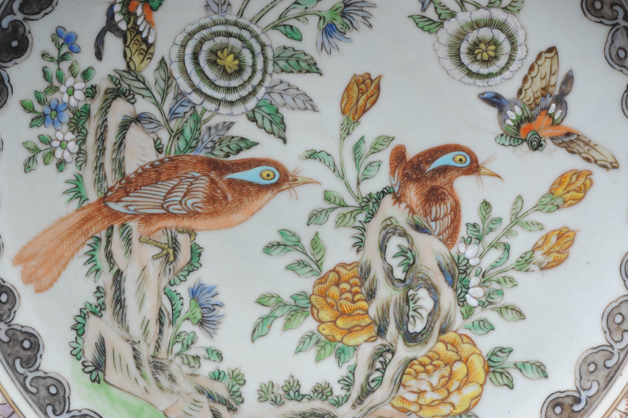 19th Century Antique Chinese Porcelain 19C Cantonese Dish Birds Butterflies Flowers For Sale