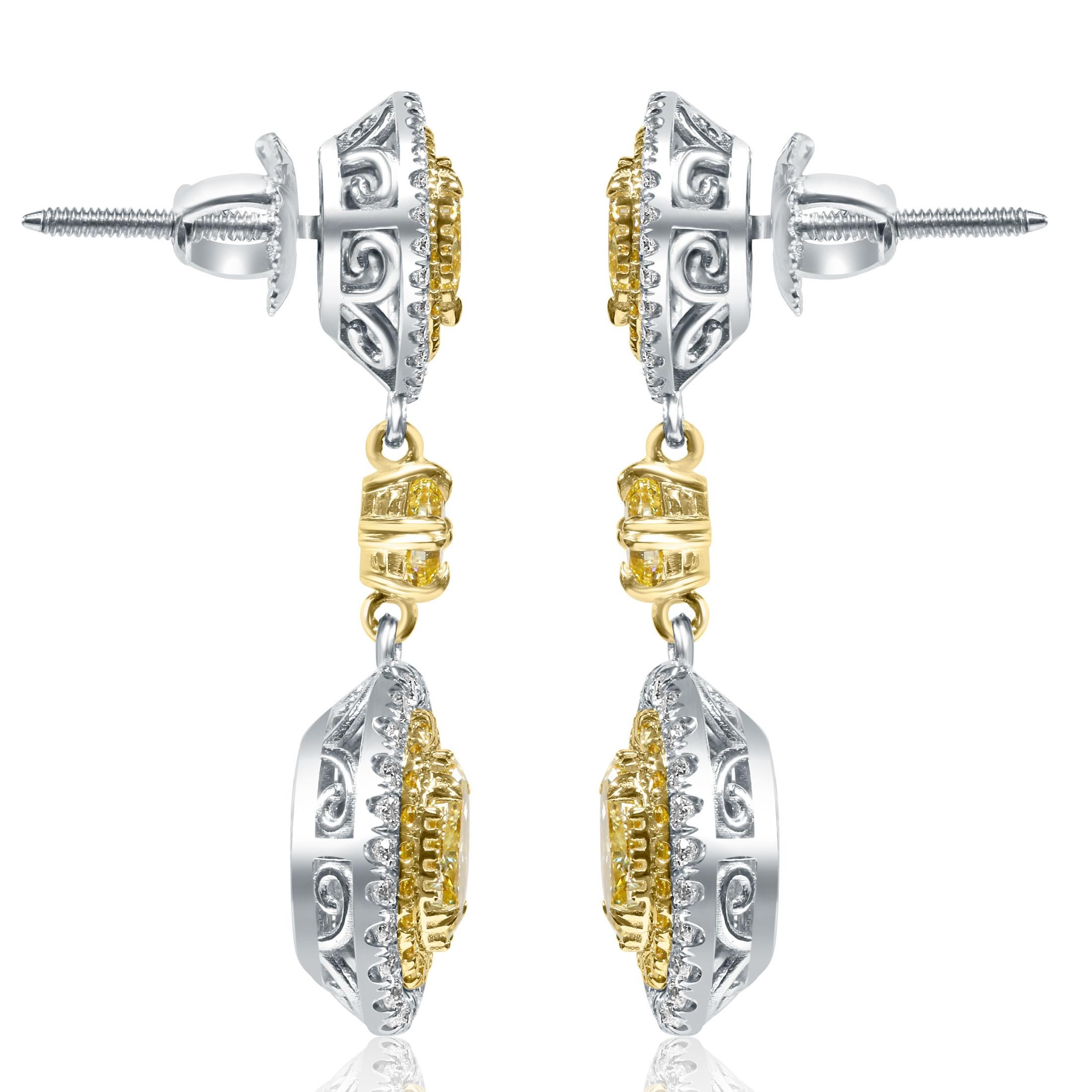 Pendientes colgantes de diamantes de 2,95 ct, corte ovalado amarillo fantasía natural, oro de dos tonos de 18k en venta 5