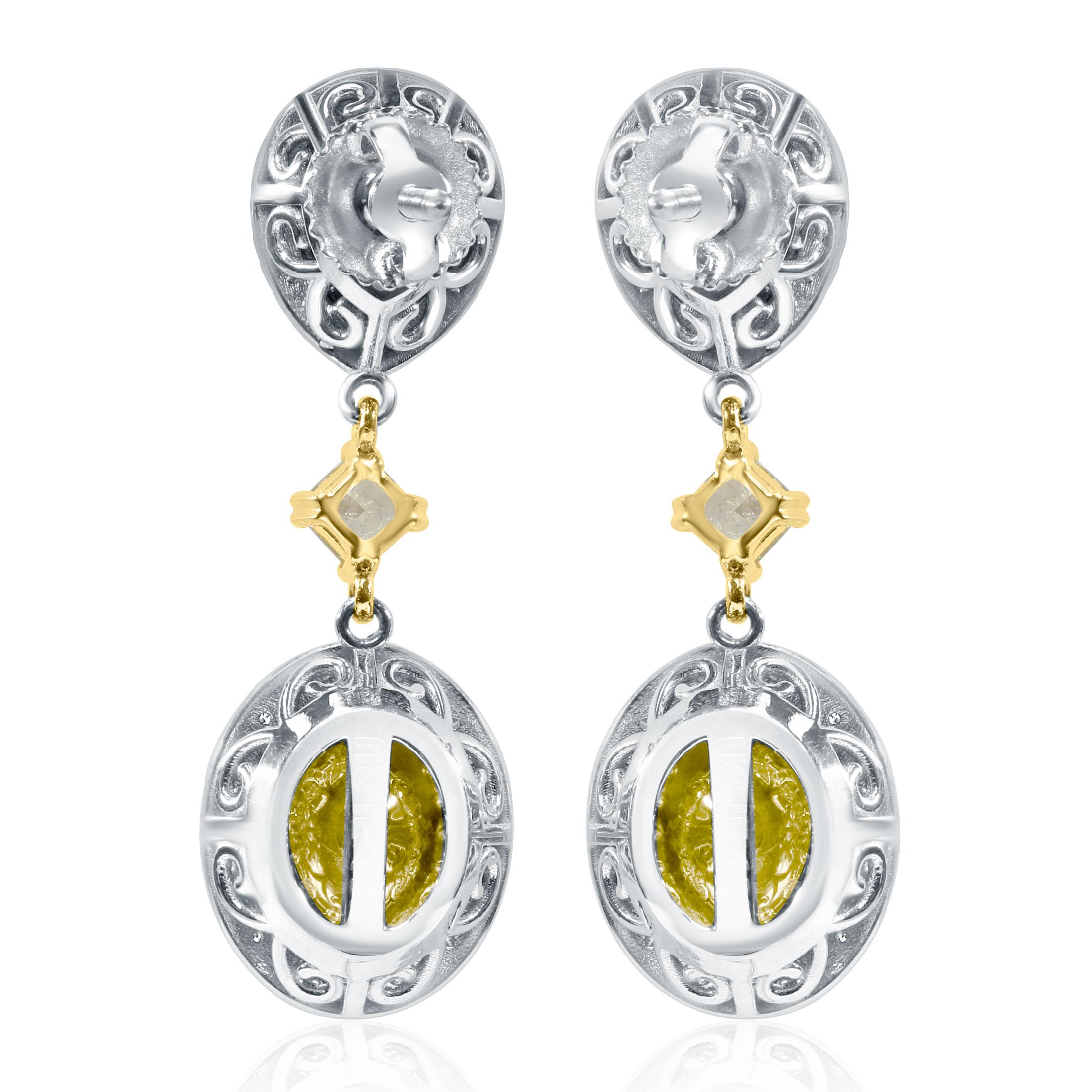 Pendientes colgantes de diamantes de 2,95 ct, corte ovalado amarillo fantasía natural, oro de dos tonos de 18k en venta 6