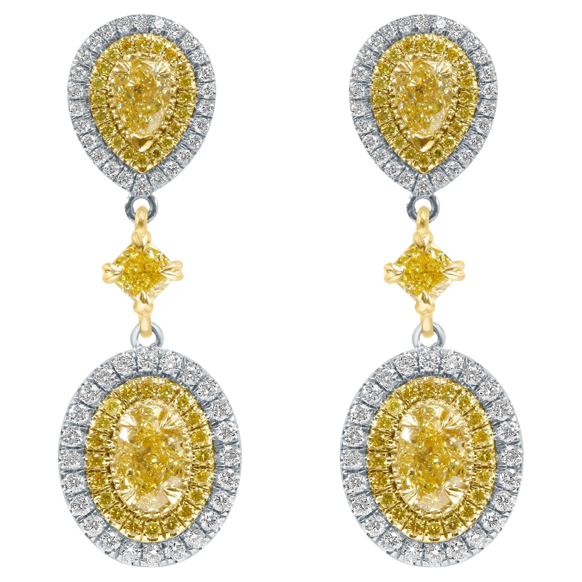 Orecchini pendenti con diamanti da 2,95 carati, taglio ovale giallo naturale, oro bicolore 18 carati