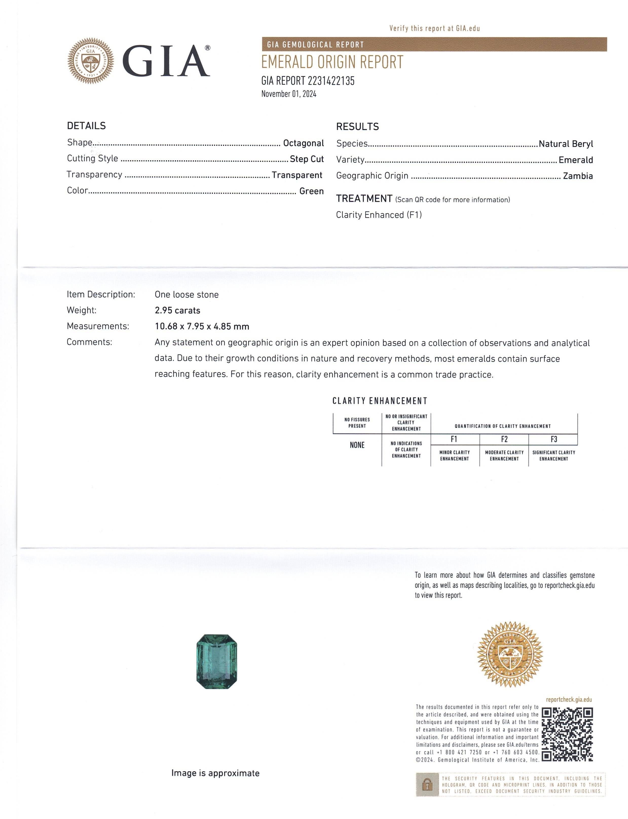 2.95ct Octagonal/Emerald Cut Green Emerald GIA Certified Zambia (F1) For Sale 1
