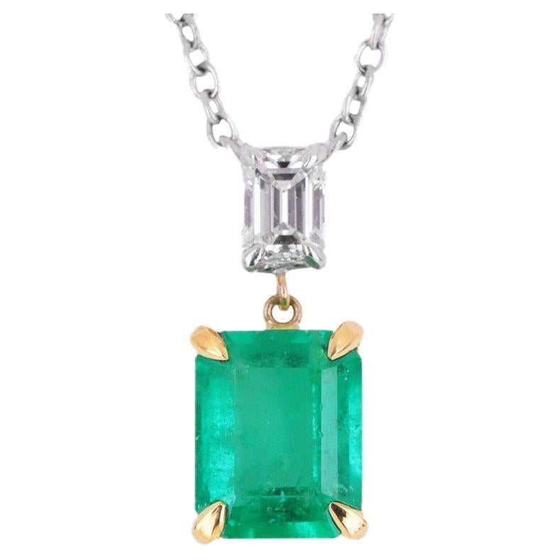 2.95tcw 18K Colombian Emerald & Emerald Diamond Dangle Necklace