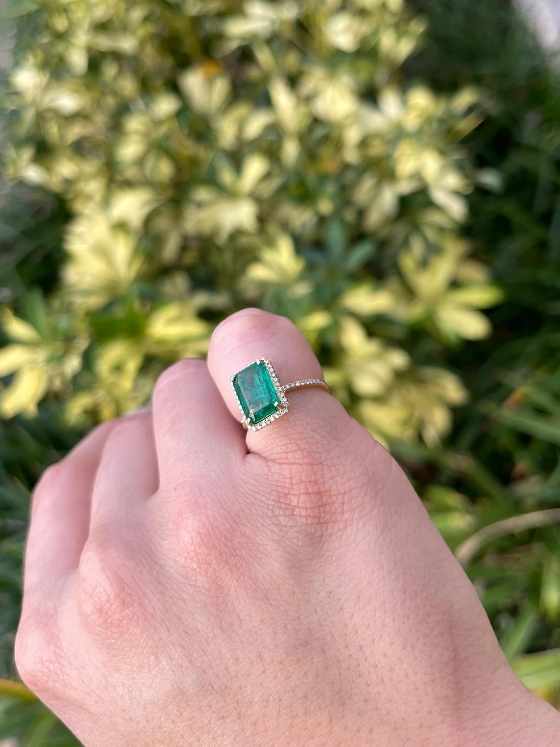 2.95tcw 18K Fine Quality Dark Emerald Cut & Diamond Halo Gold Engagement Ring For Sale 2