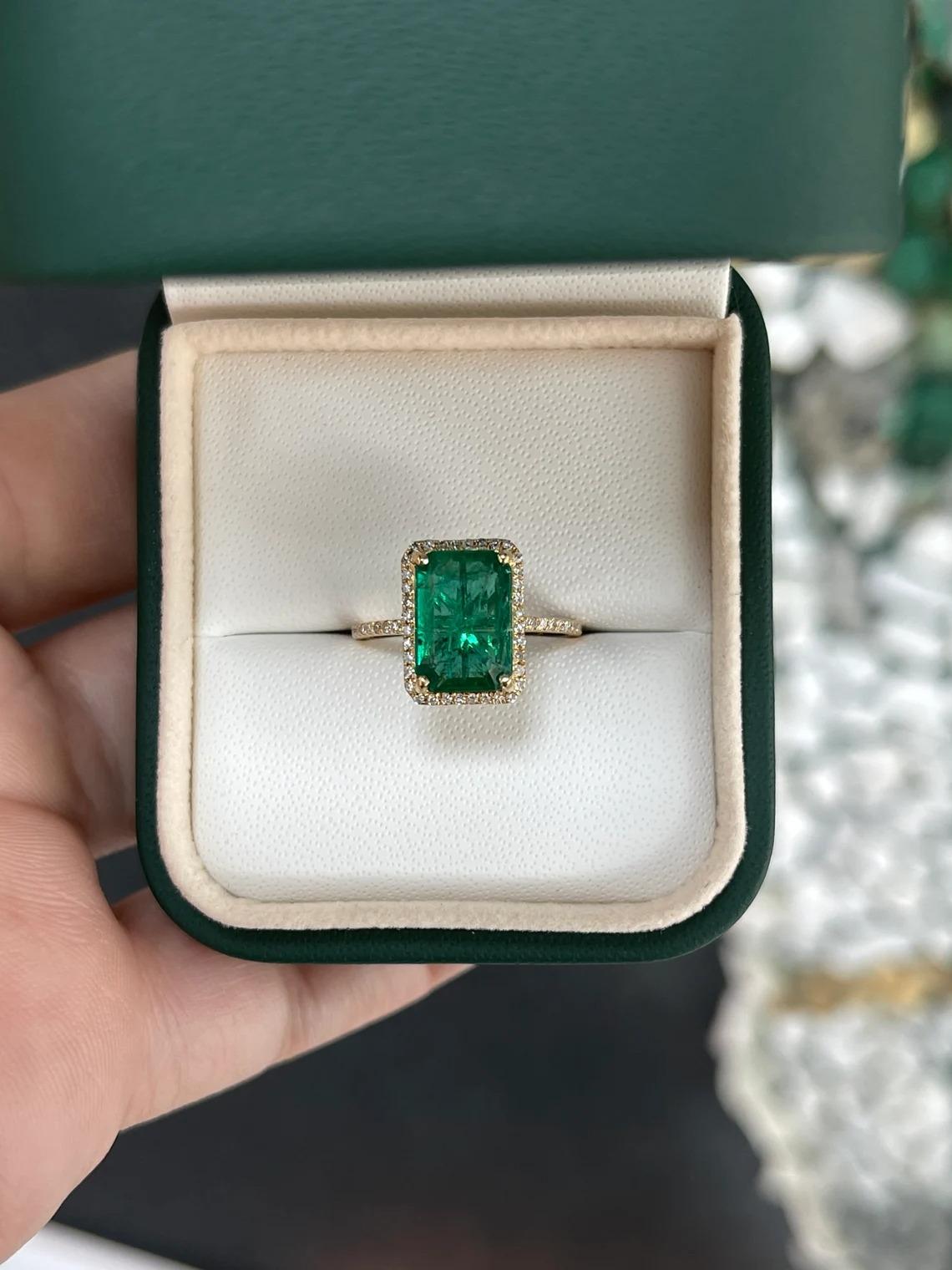 2.95tcw 18K Fine Quality Dark Emerald Cut & Diamond Halo Gold Engagement Ring For Sale 3