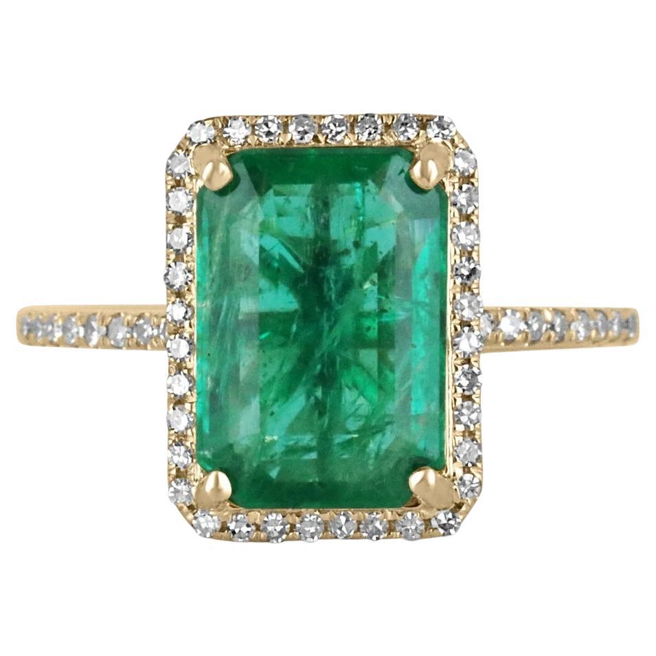 2.95tcw 18K Fine Quality Dark Emerald Cut & Diamond Halo Gold Engagement Ring For Sale