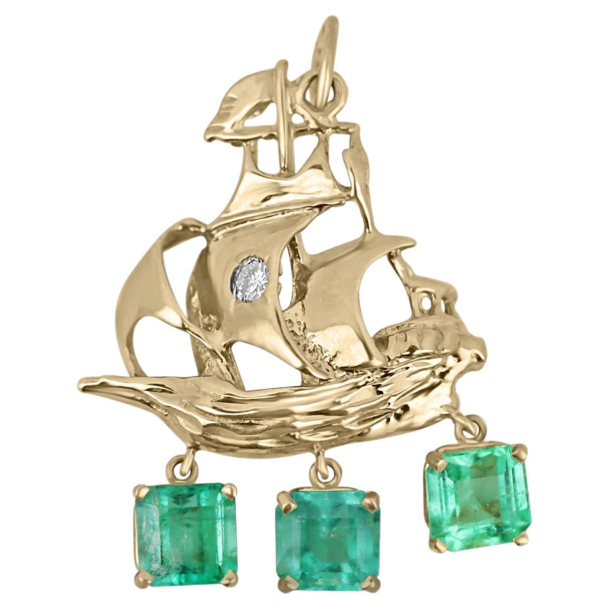 2.95tcw Pirate Boat - Sailboat With Colombian Emerald & Diamond Anchor 14K For Sale