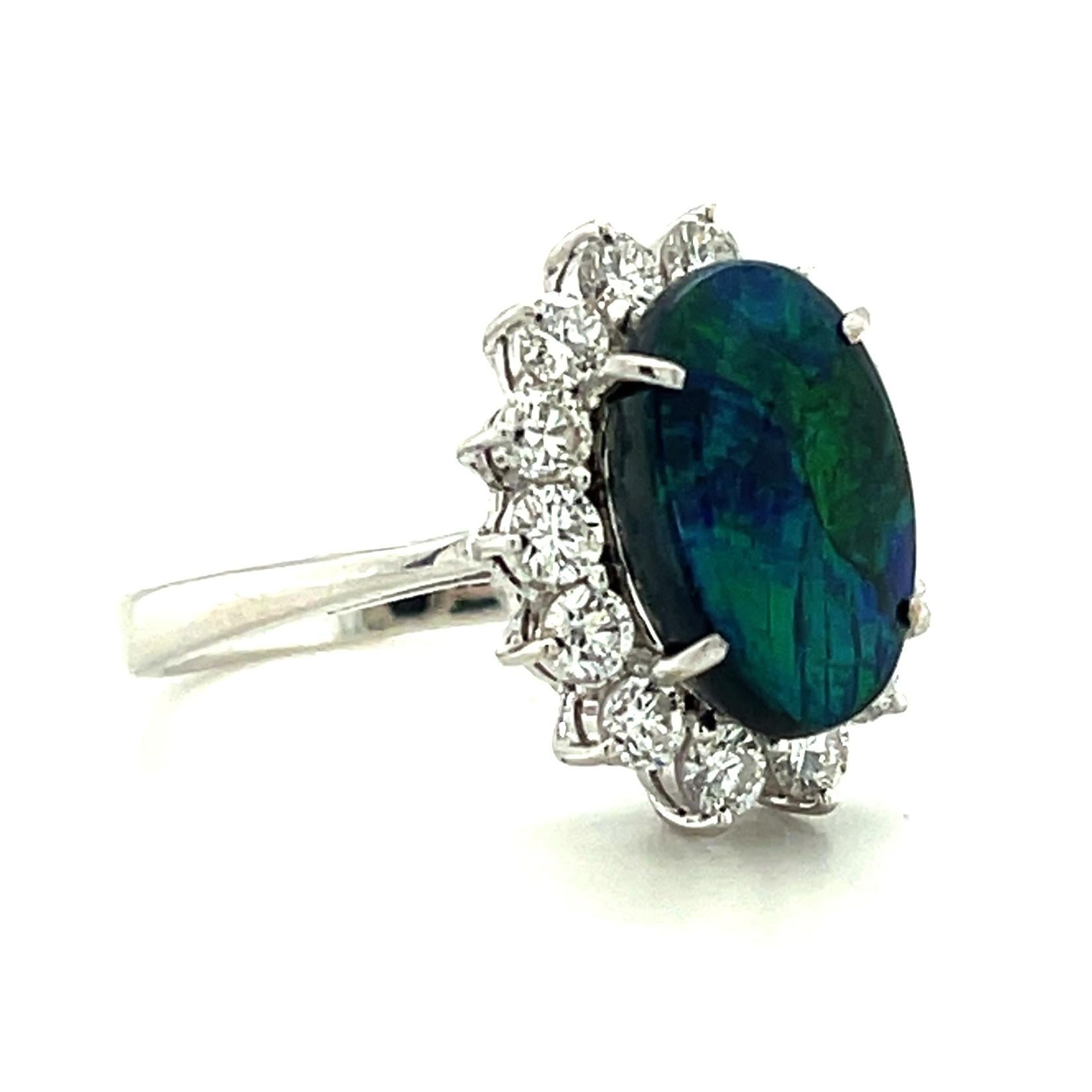 Cabochon 2.96 Carat Black Opal and Diamond Ring in Platinum For Sale