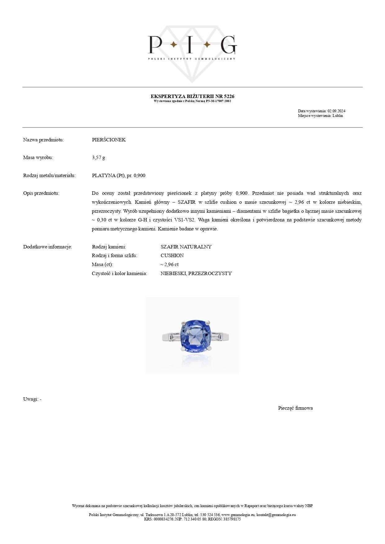 Bague en saphir bleu de 2,96 carats et diamant de 0,30 carat en platine Neuf - En vente à Warszawa, PL