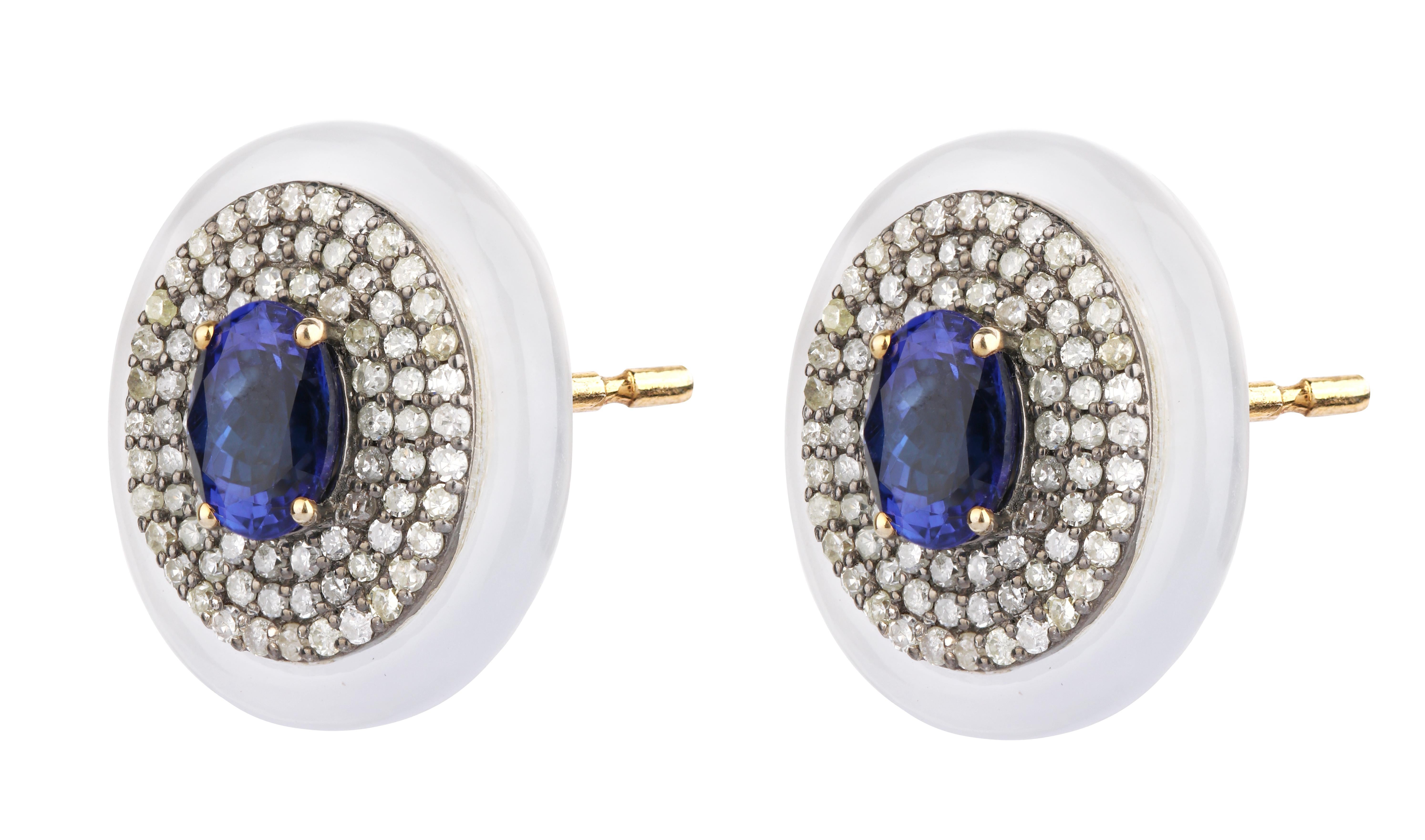 Contemporary 2.96 Carat Diamond, Tanzanite, and Chalcedony Stud Earrings For Sale