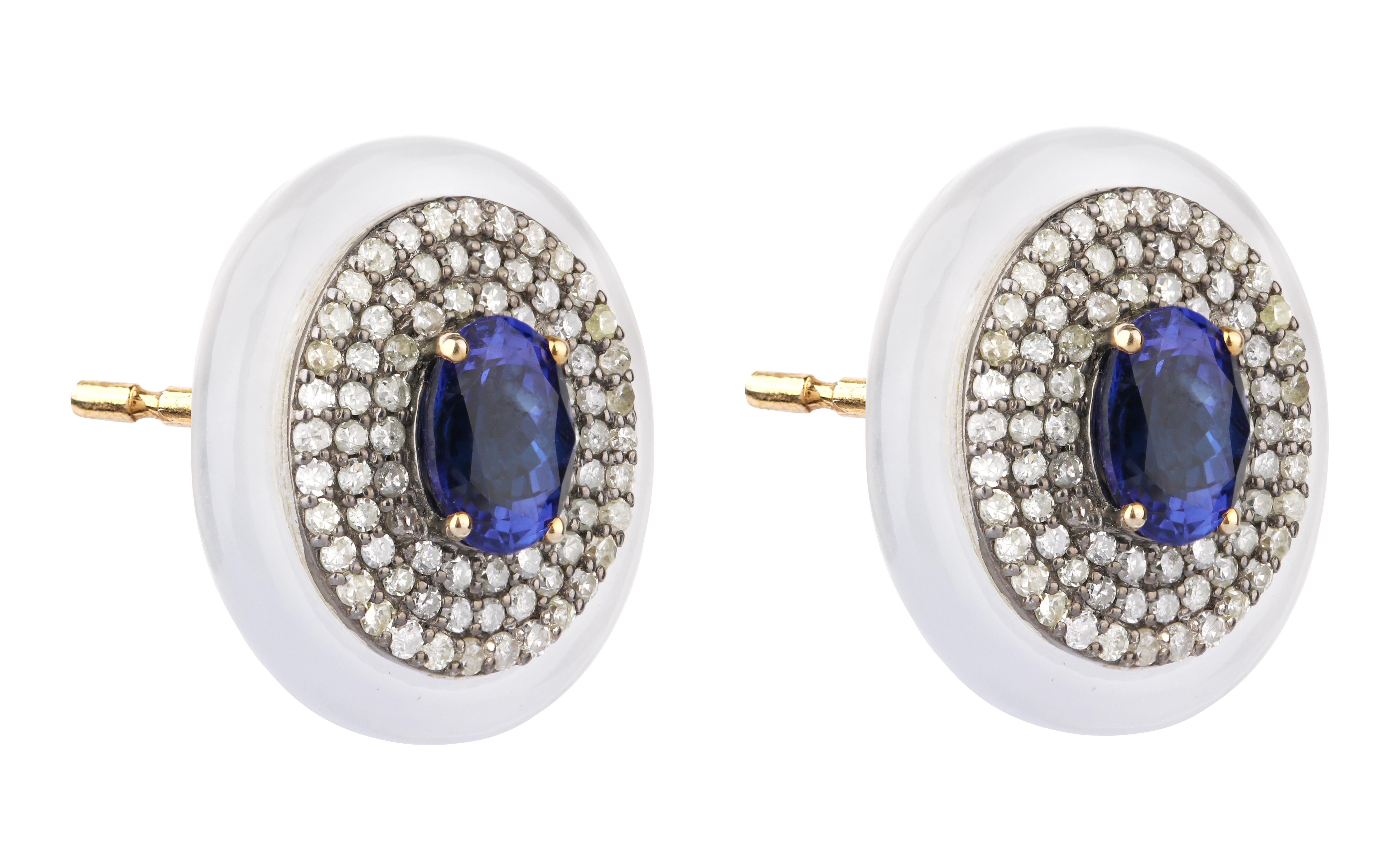 Women's 2.96 Carat Diamond, Tanzanite, and Chalcedony Stud Earrings For Sale
