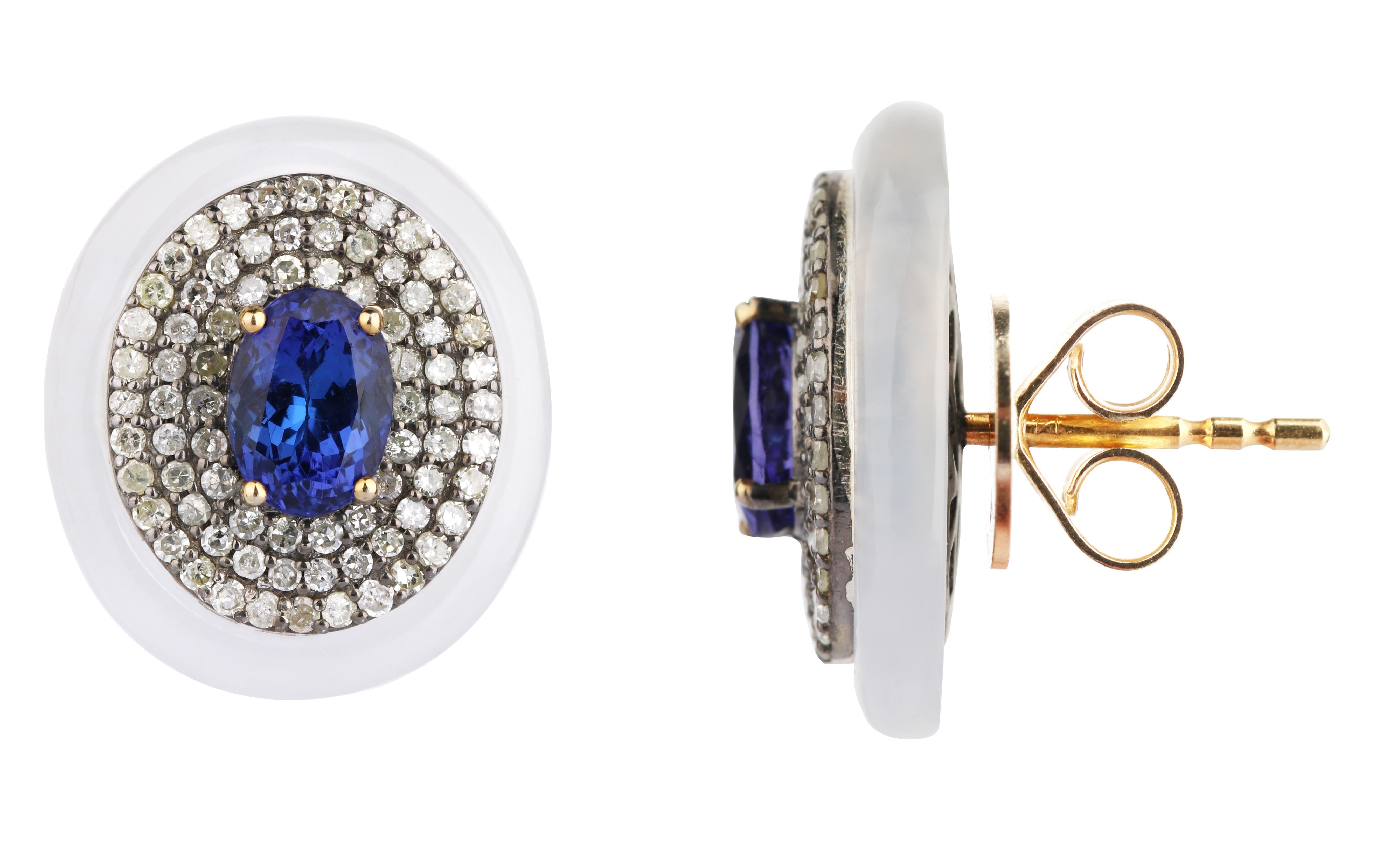 2.96 Carat Diamond, Tanzanite, and Chalcedony Stud Earrings For Sale 1