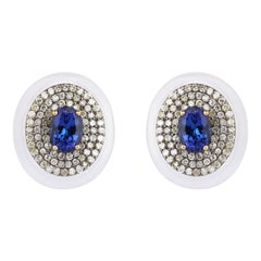 2.96 Carat Diamond, Tanzanite, and Chalcedony Stud Earrings