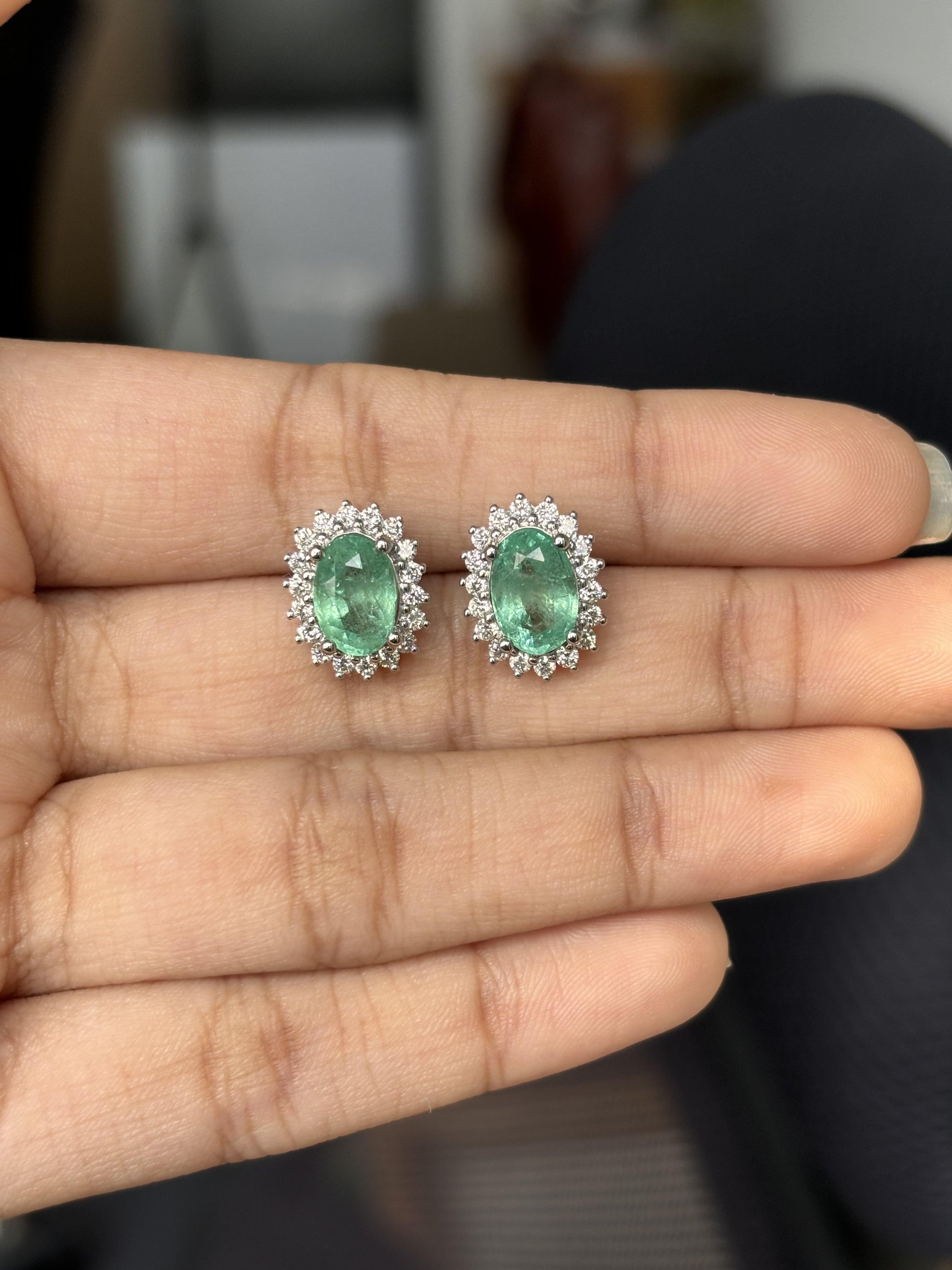  2.96 Carat Emerald Stud Earrings with Natural Diamonds in 18K White Gold  For Sale 5