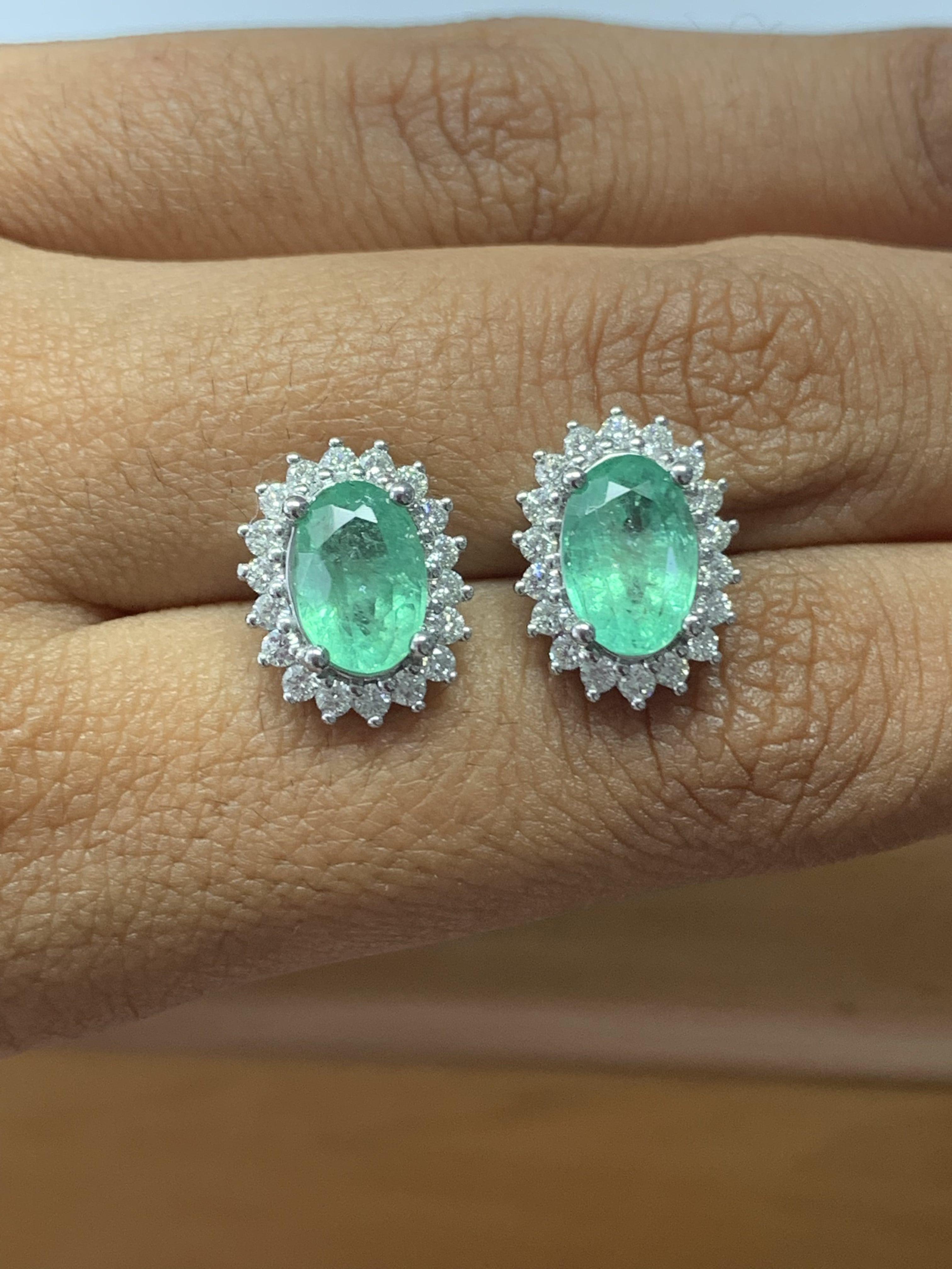  2.96 Carat Emerald Stud Earrings with Natural Diamonds in 18K White Gold  For Sale 1