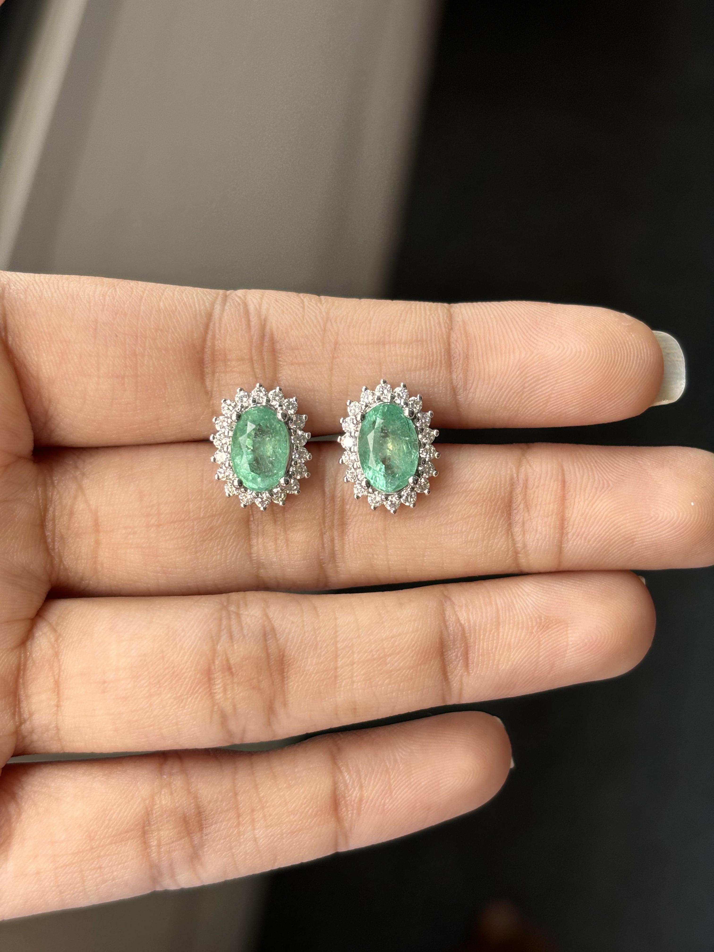  2.96 Carat Emerald Stud Earrings with Natural Diamonds in 18K White Gold  For Sale 3