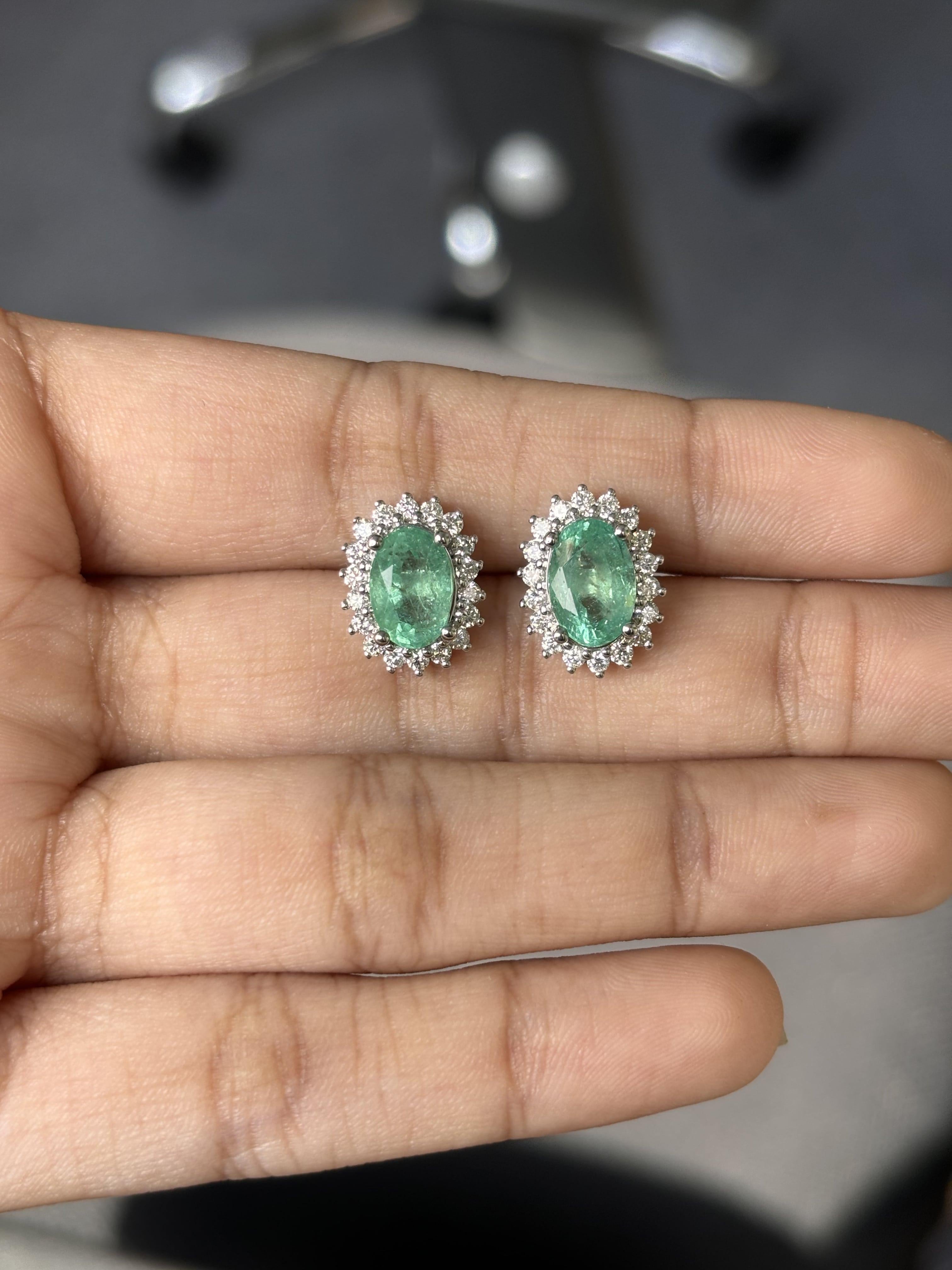  2.96 Carat Emerald Stud Earrings with Natural Diamonds in 18K White Gold  For Sale 4