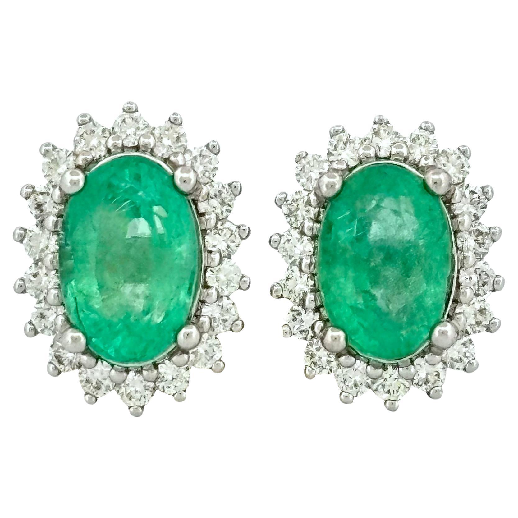  2.96 Carat Emerald Stud Earrings with Natural Diamonds in 18K White Gold 