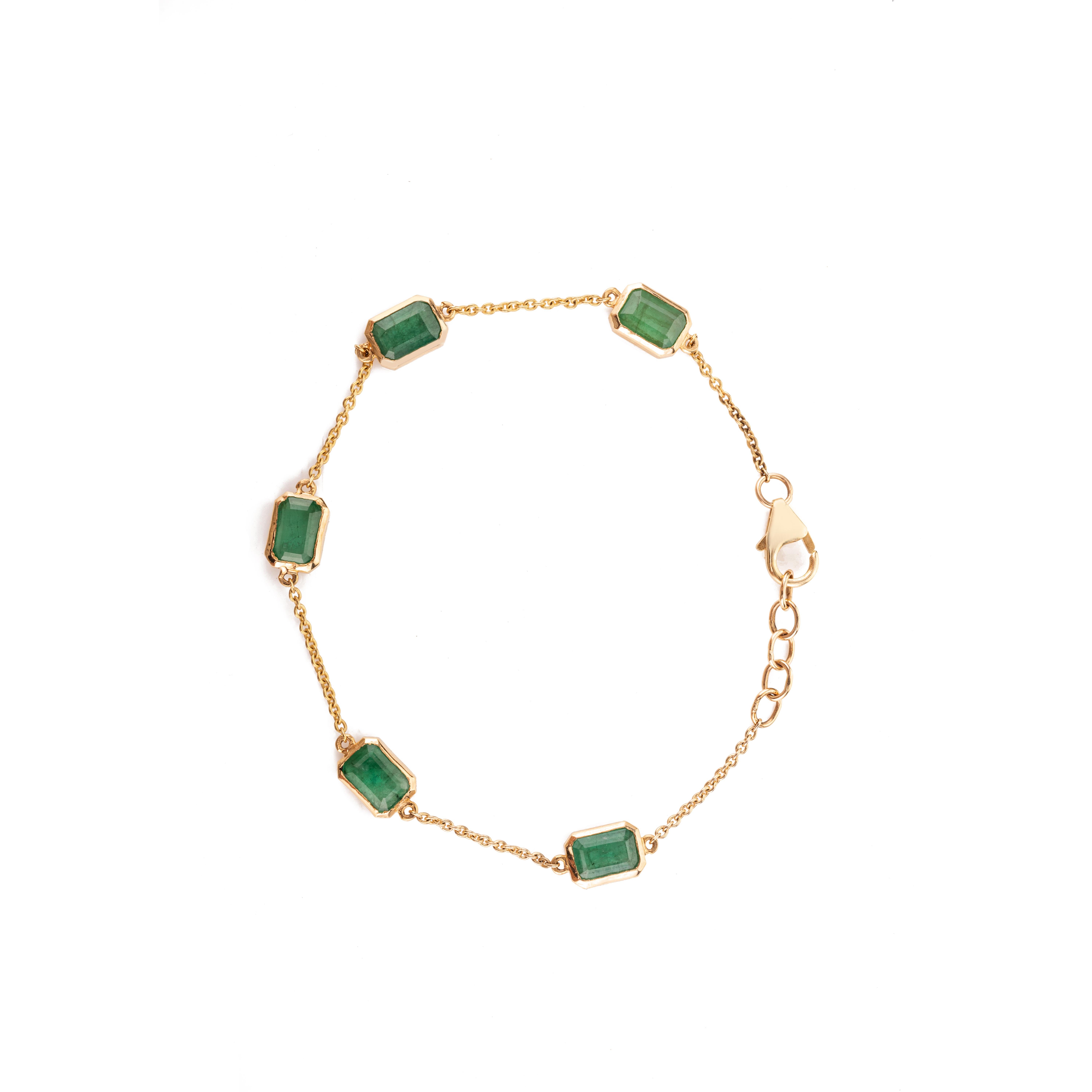 2,96 Karat Achteck-Smaragd Stapelbares Kettenarmband aus 14k Gelbgold (Achteckschliff) im Angebot