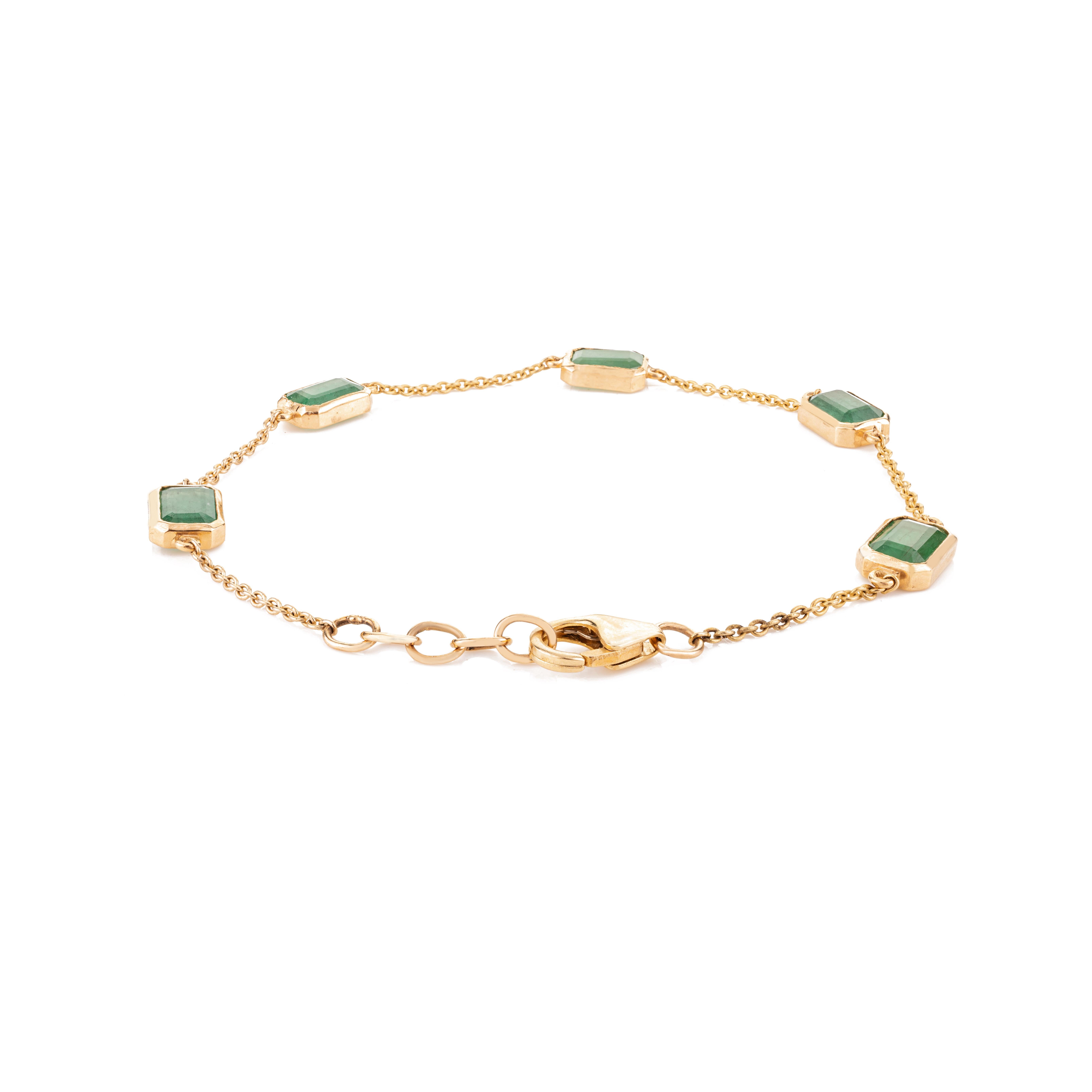 2,96 Karat Achteck-Smaragd Stapelbares Kettenarmband aus 14k Gelbgold Damen im Angebot