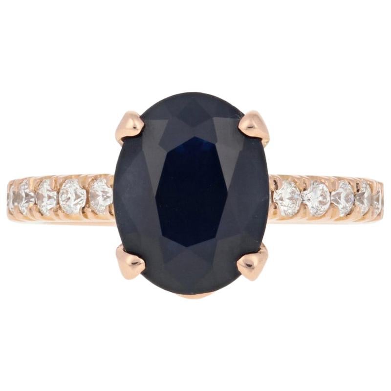 2.96 Carat Oval Cut Sapphire and Diamond Ring, 18 Karat Rose Gold Cathedral For Sale