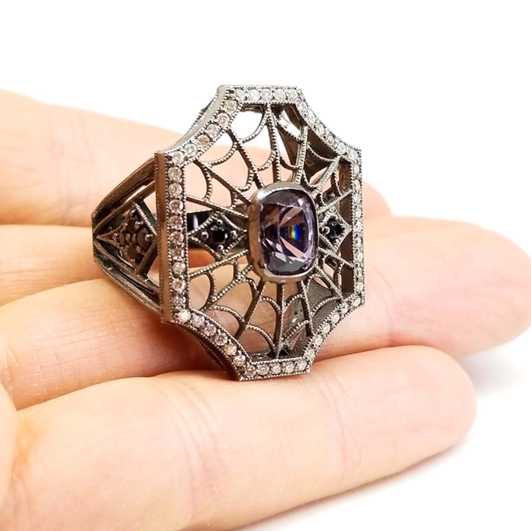 2.96 Carat Purple and Black Spinel Diamond Spiderweb Filigree Ring 18K Black For Sale 1