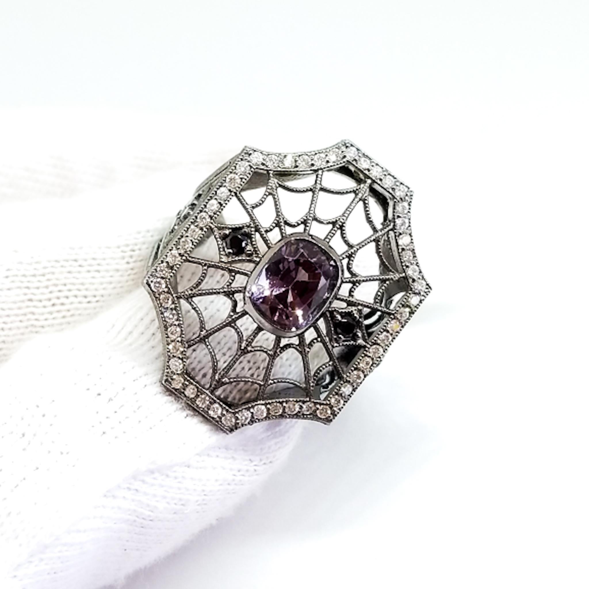 2.96 Carat Purple and Black Spinel Diamond Spiderweb Filigree Ring 18K Black For Sale 2