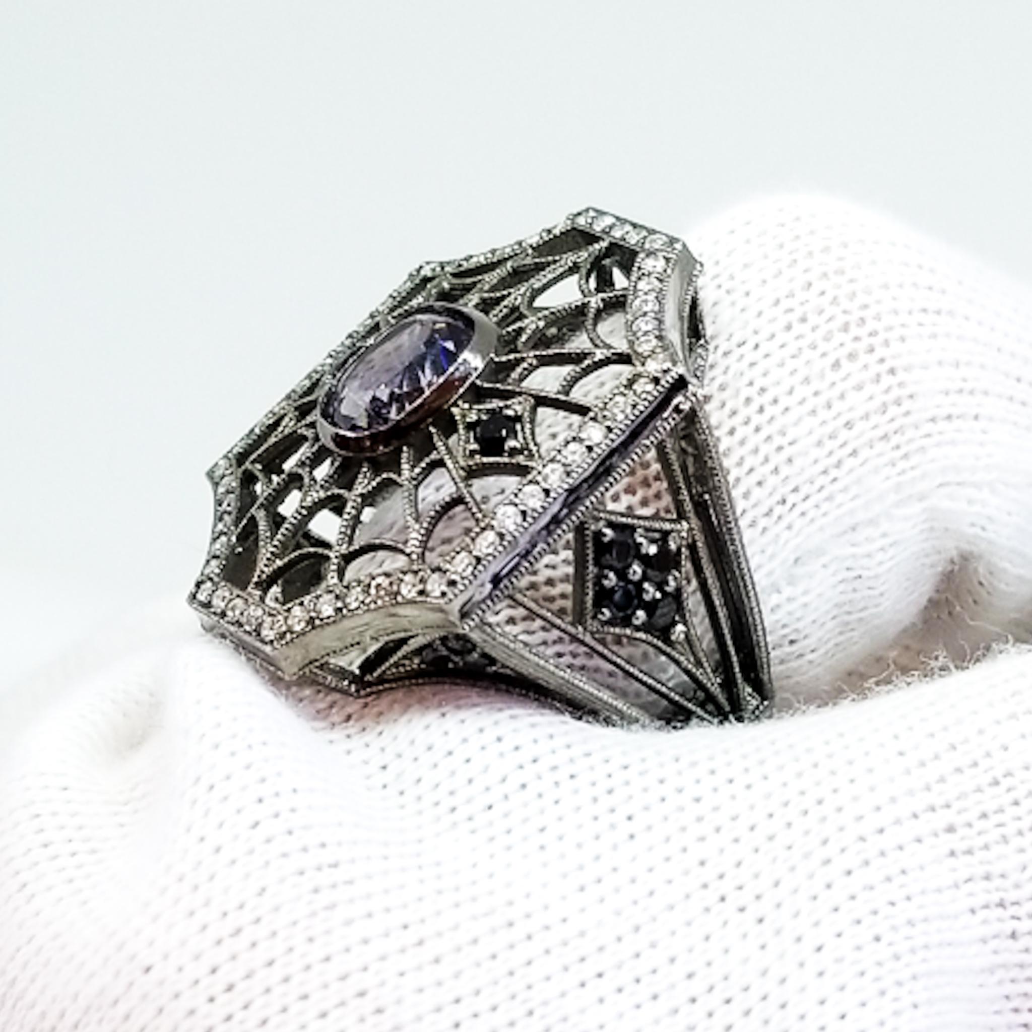 2.96 Carat Purple and Black Spinel Diamond Spiderweb Filigree Ring 18K Black For Sale 3