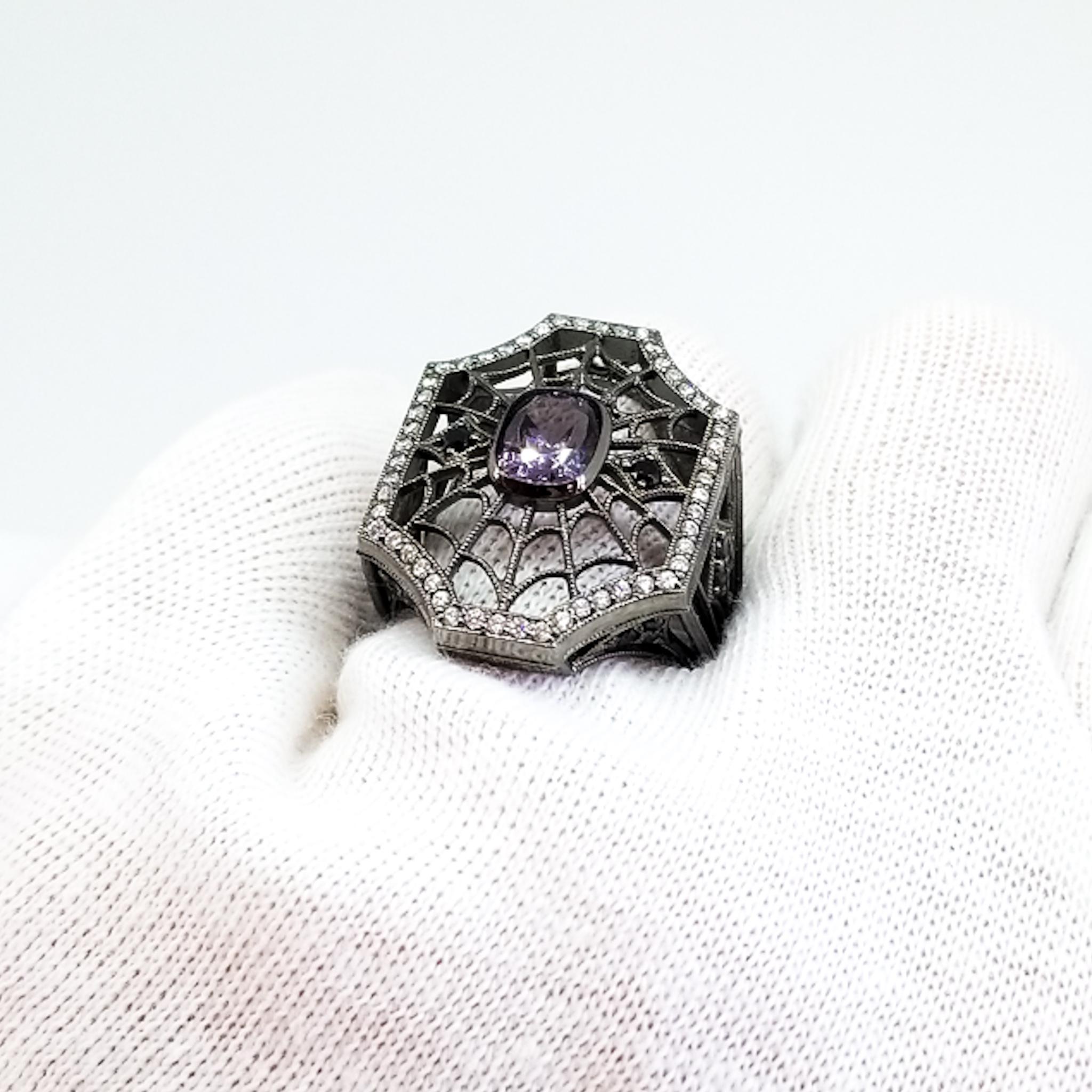 2.96 Carat Purple and Black Spinel Diamond Spiderweb Filigree Ring 18K Black For Sale 4
