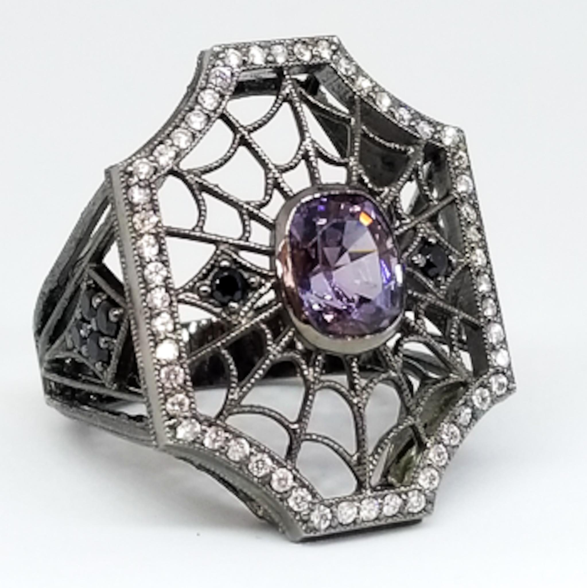 2.96 Carat Purple and Black Spinel Diamond Spiderweb Filigree Ring 18K Black For Sale 5