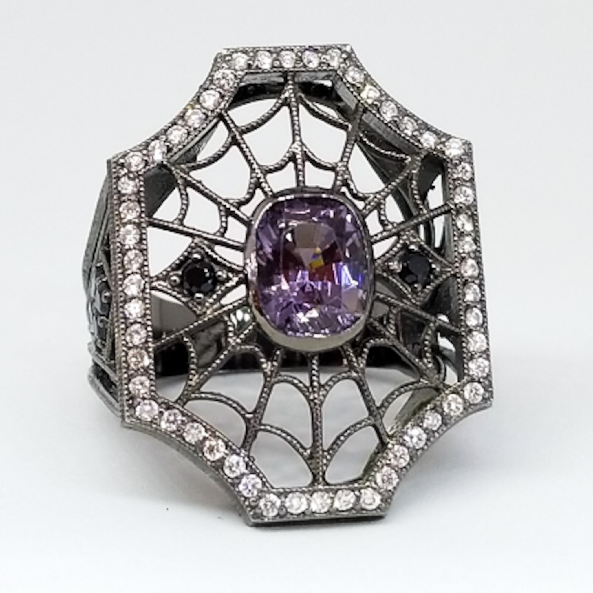 2.96 Carat Purple and Black Spinel Diamond Spiderweb Filigree Ring 18K Black For Sale 6