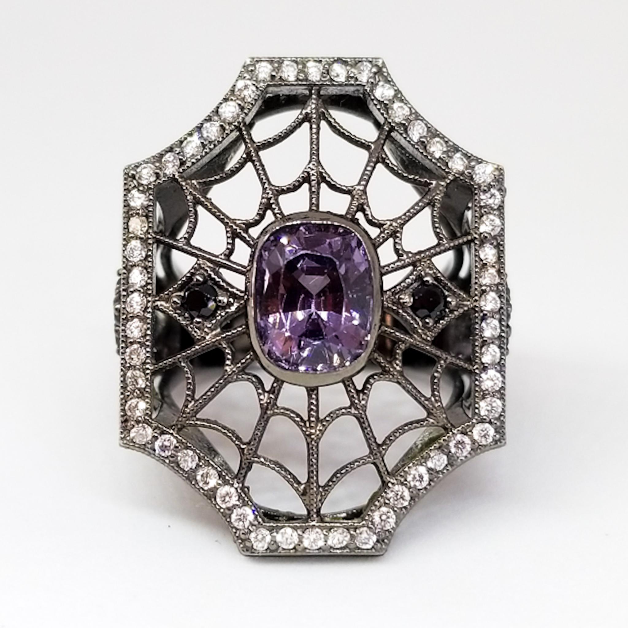 2.96 Carat Purple and Black Spinel Diamond Spiderweb Filigree Ring 18K Black For Sale 7