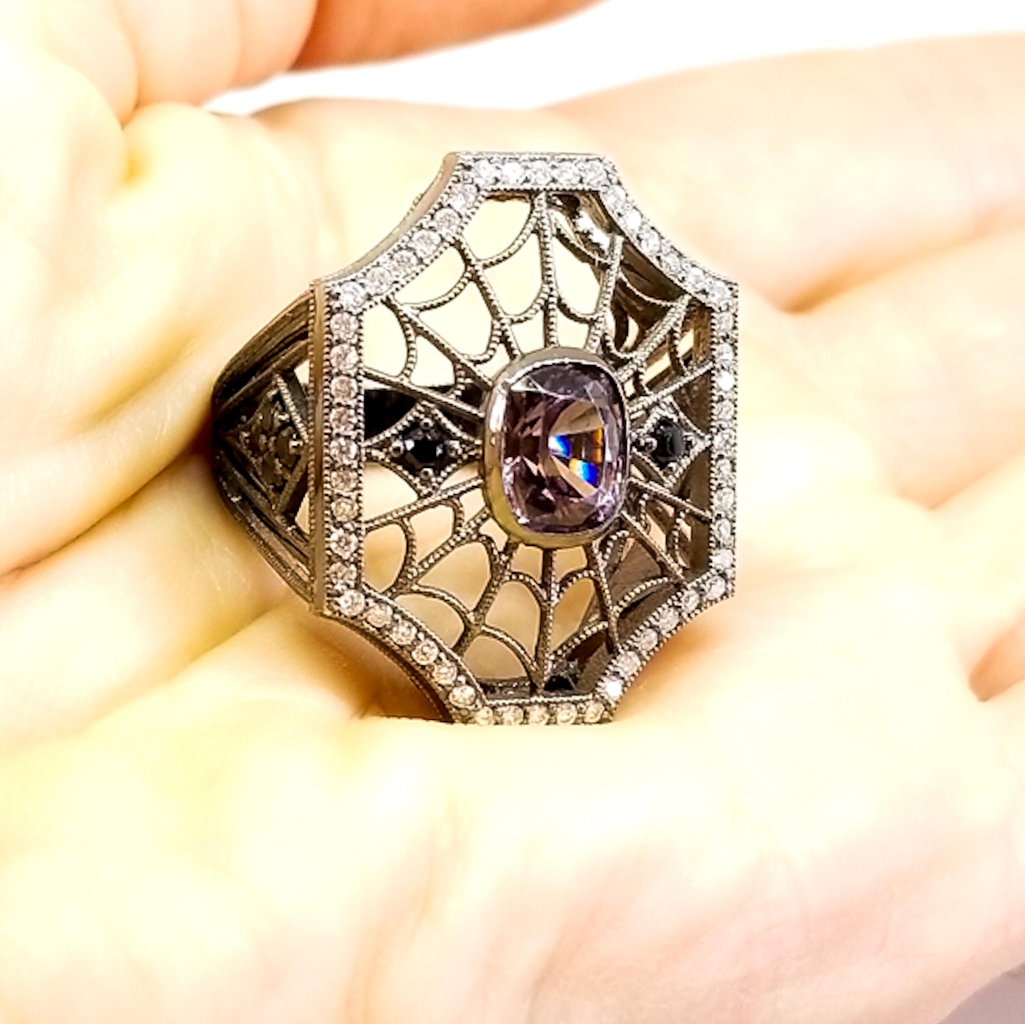 2.96 Carat Purple and Black Spinel Diamond Spiderweb Filigree Ring 18K Black For Sale 8