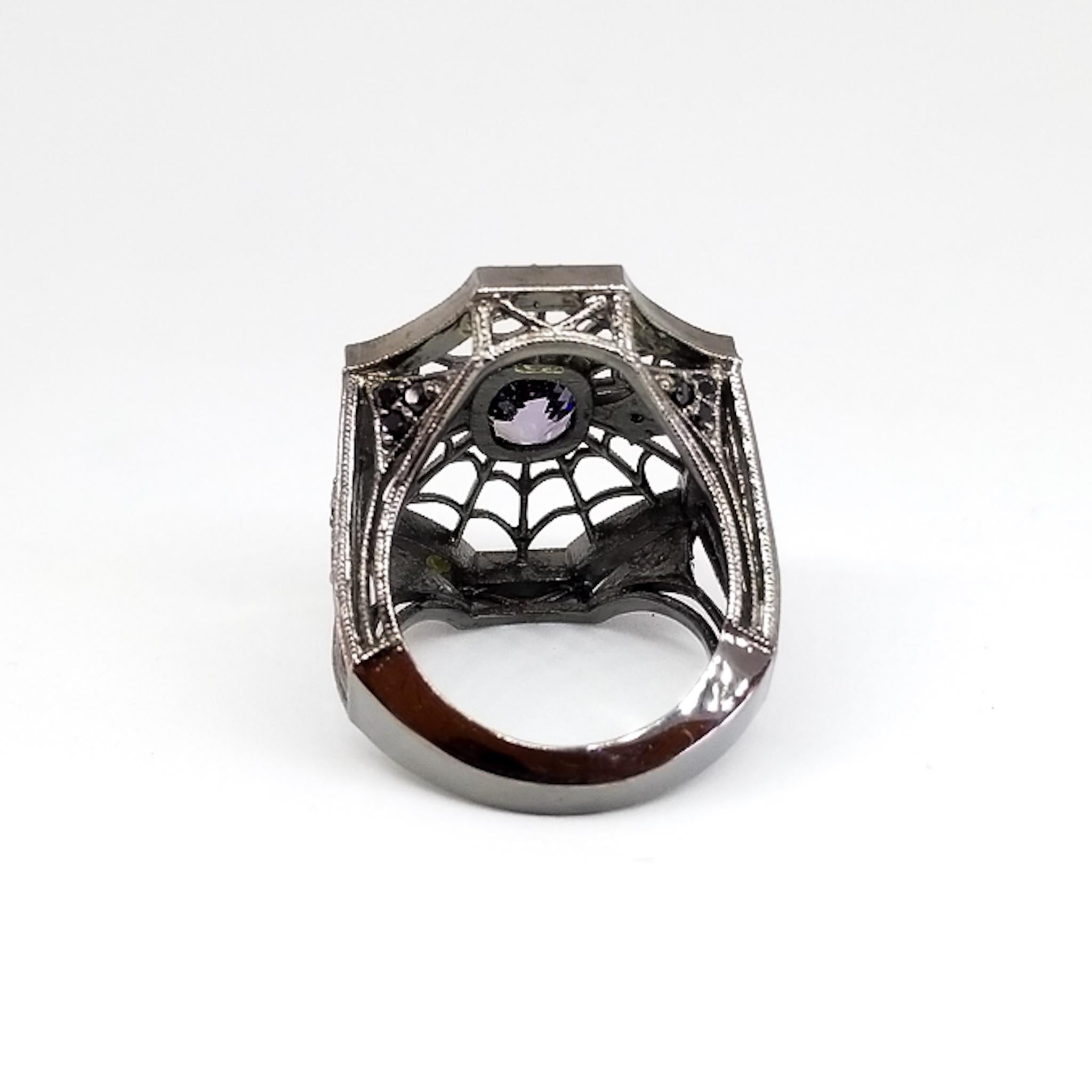 Contemporary 2.96 Carat Purple and Black Spinel Diamond Spiderweb Filigree Ring 18K Black For Sale