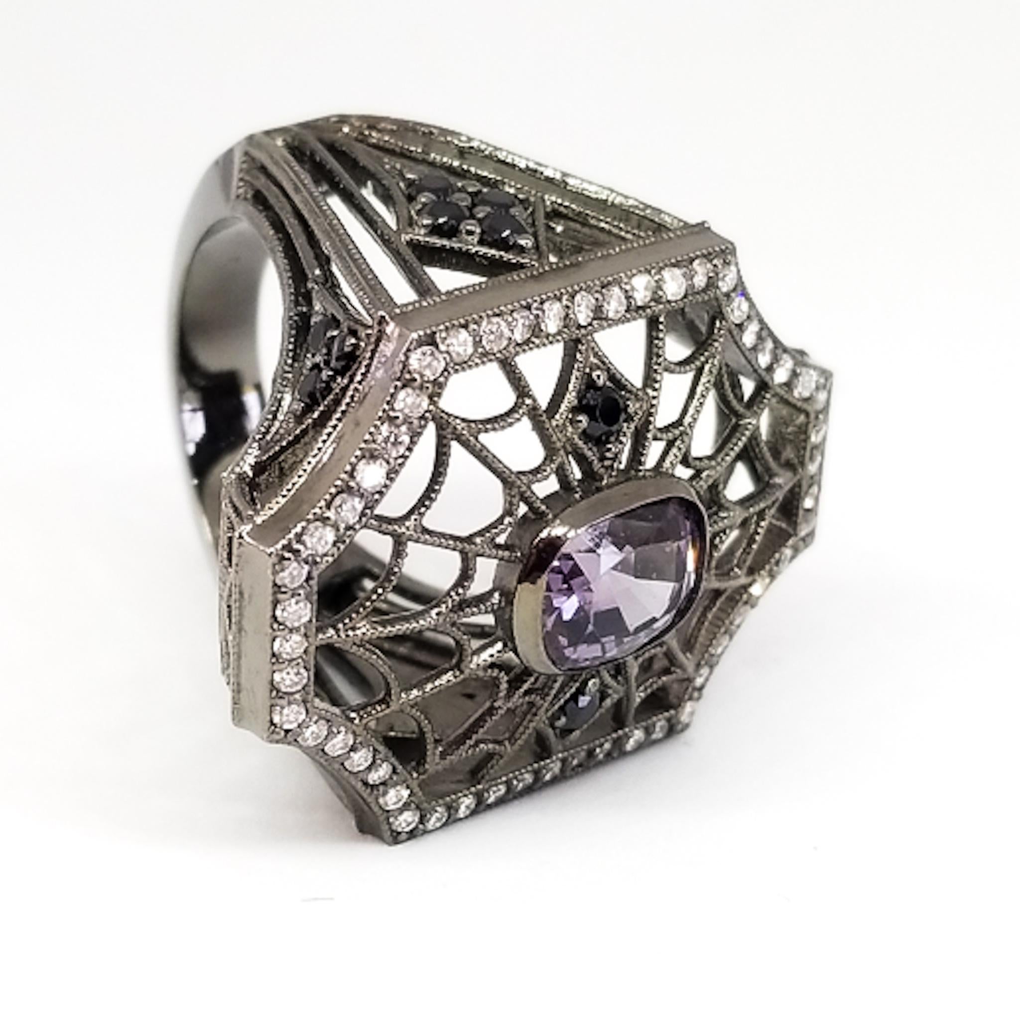 2.96 Carat Purple and Black Spinel Diamond Spiderweb Filigree Ring 18K Black In New Condition For Sale In Lambertville , NJ