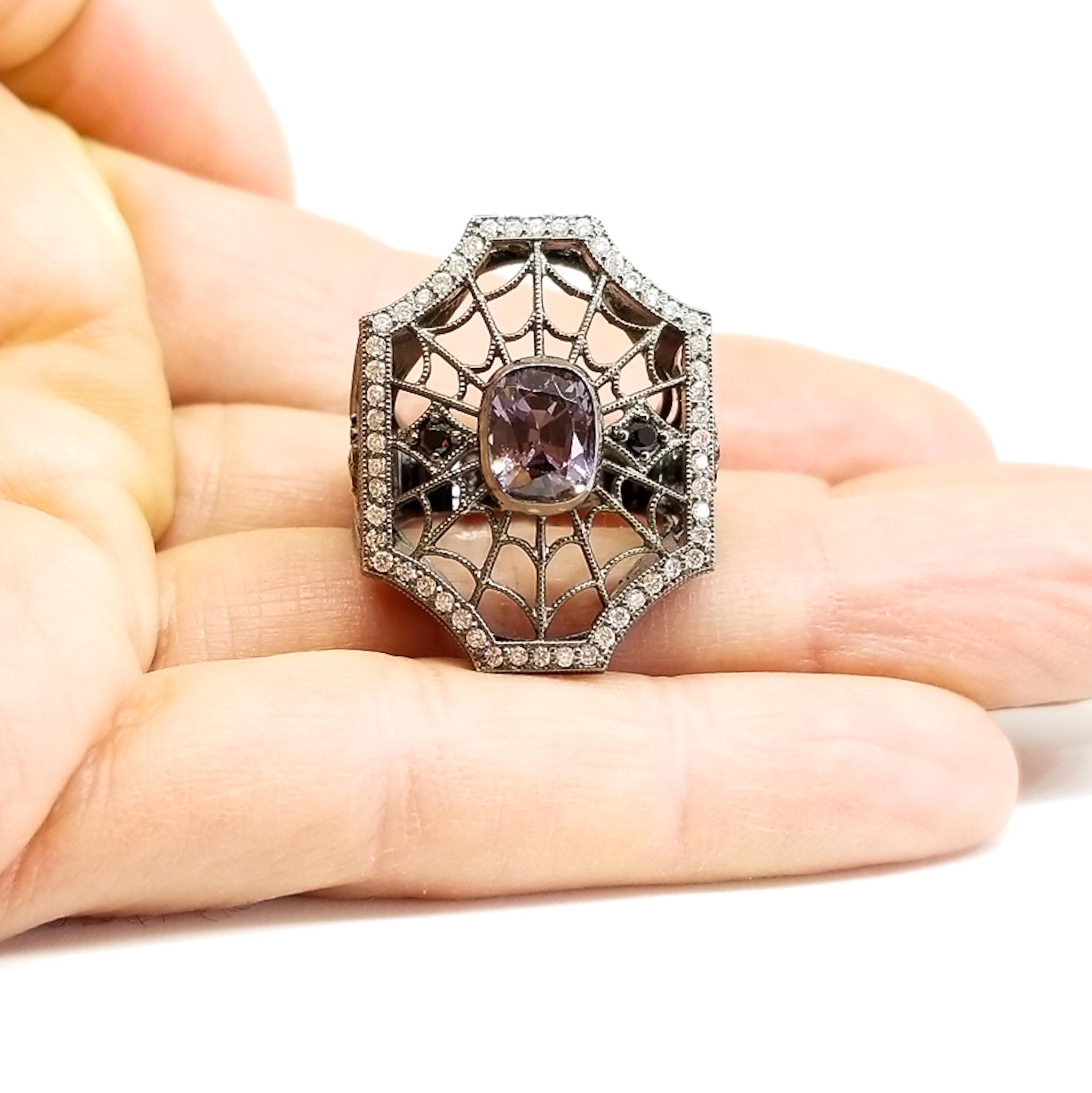 Women's or Men's 2.96 Carat Purple and Black Spinel Diamond Spiderweb Filigree Ring 18K Black For Sale