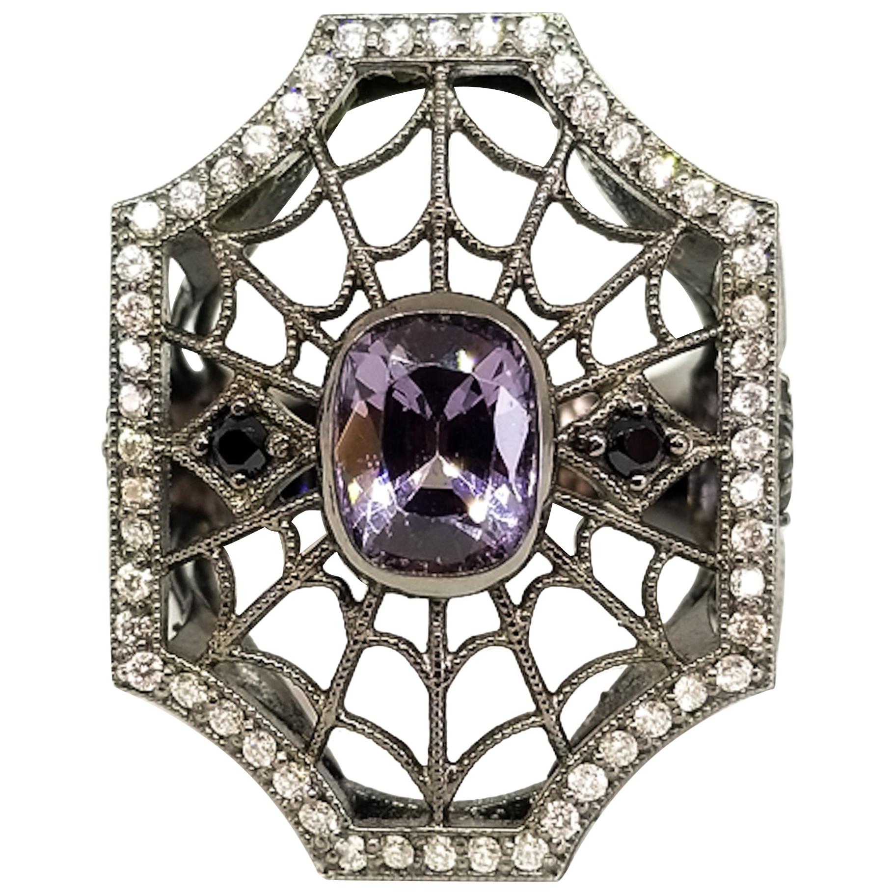 2.96 Carat Purple and Black Spinel Diamond Spiderweb Filigree Ring 18K Black For Sale
