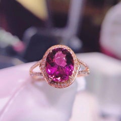 3.9 Carat Red Tourmaline Diamond Ring 18 Karat Yellow Gold