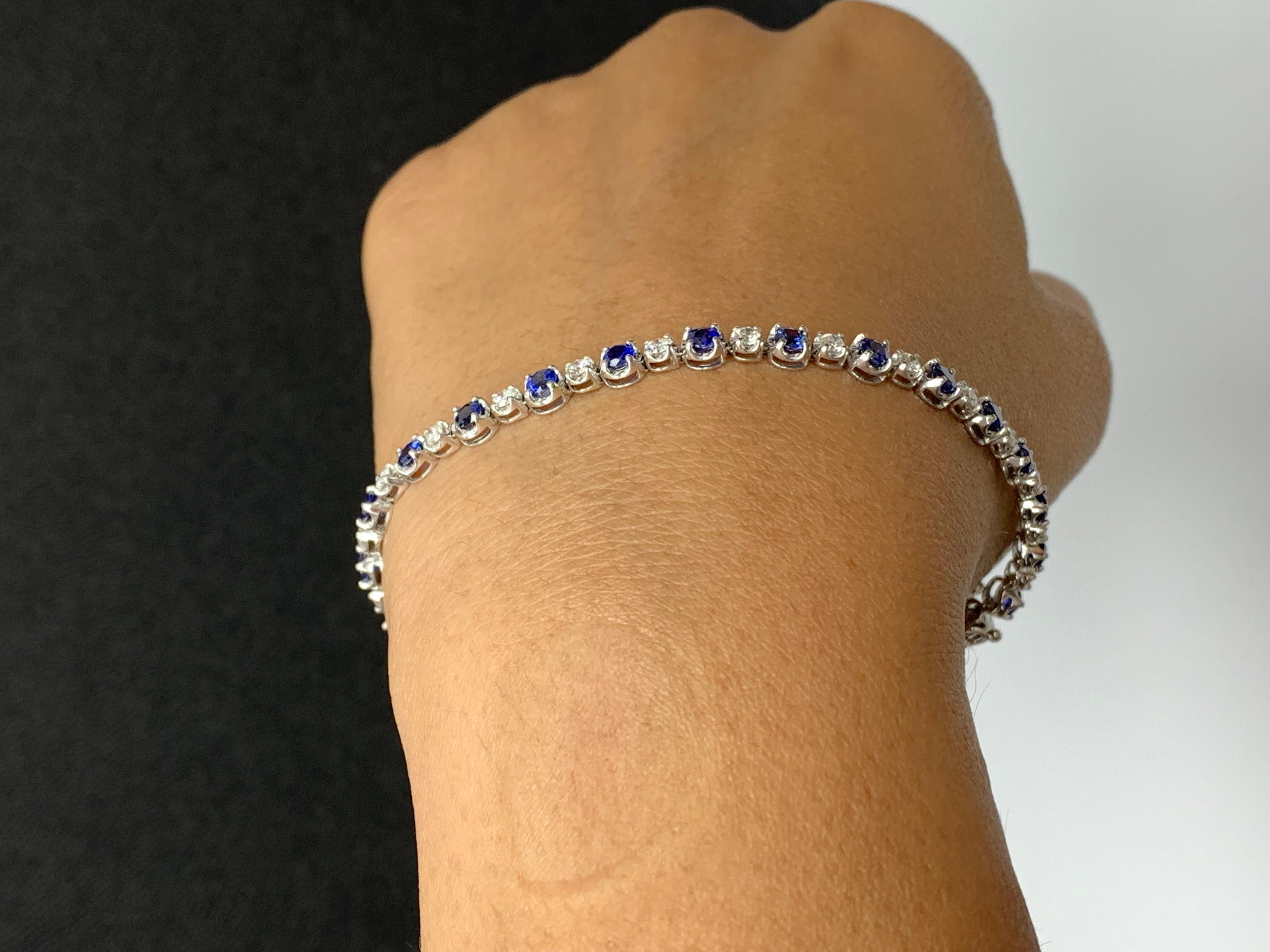 2.96 Carat Round Blue Sapphire and Diamond Bracelet in 14k White Gold For Sale 4