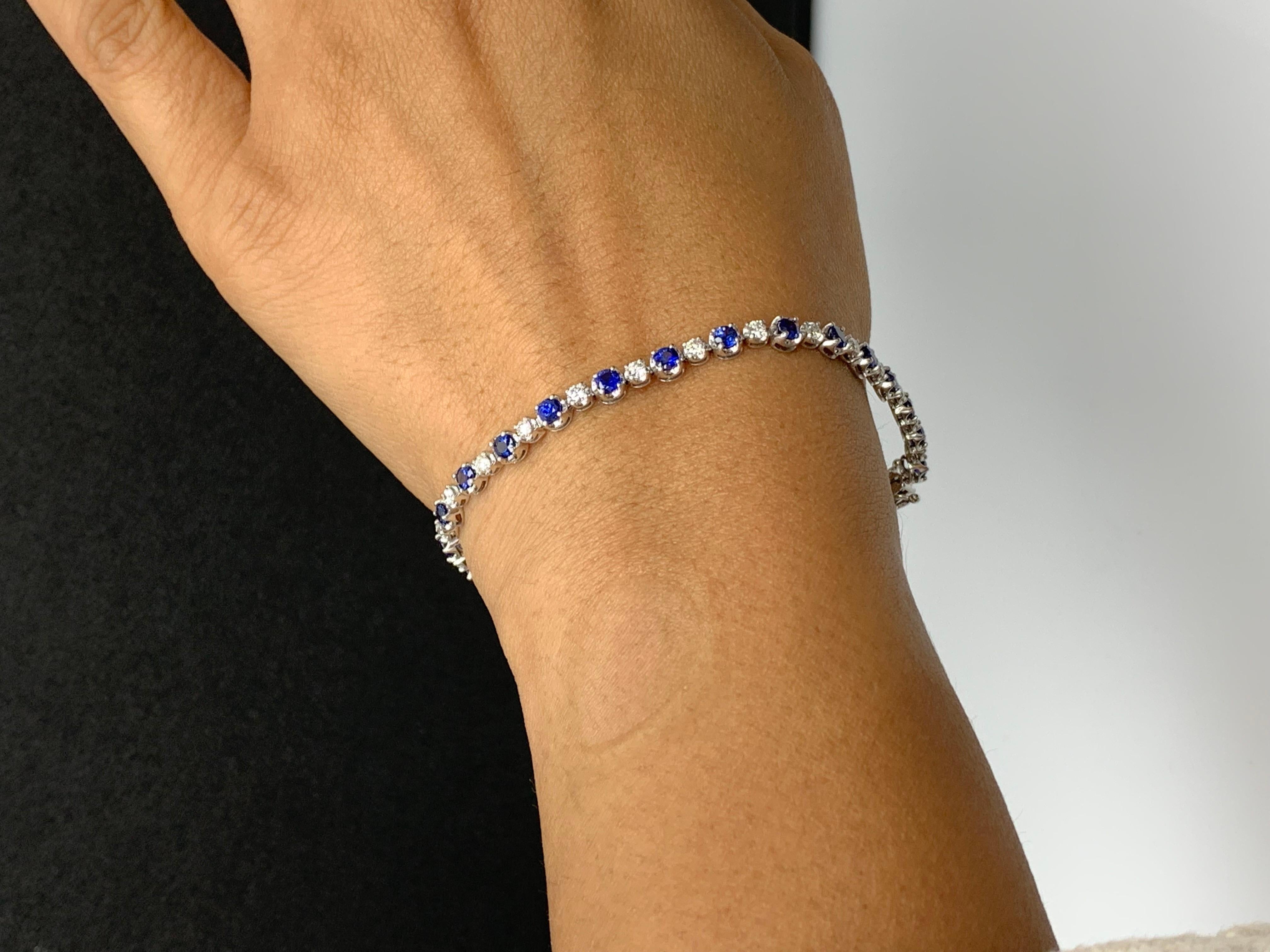 2.96 Carat Round Blue Sapphire and Diamond Bracelet in 14k White Gold For Sale 5
