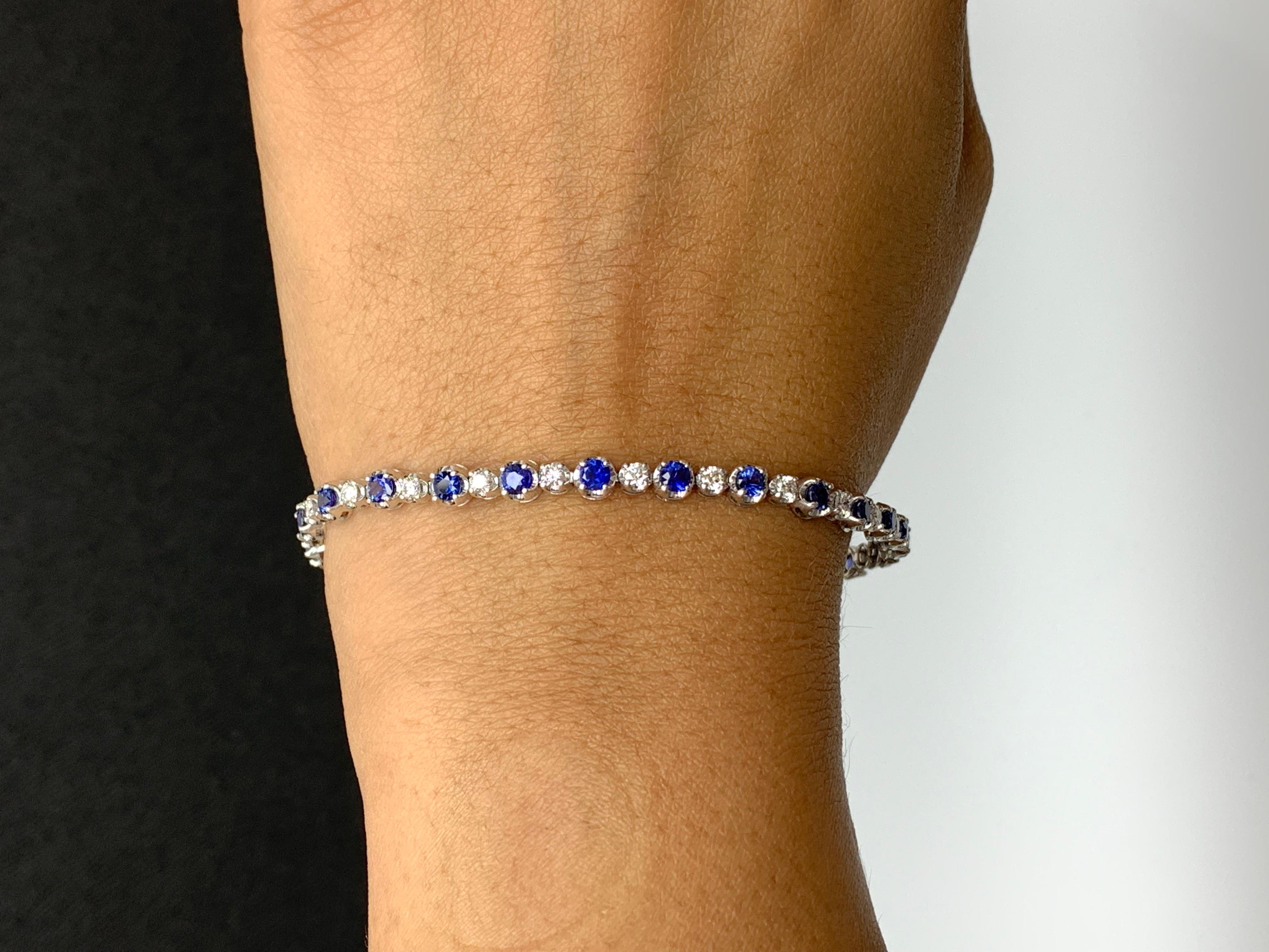 2.96 Carat Round Blue Sapphire and Diamond Bracelet in 14k White Gold For Sale 6