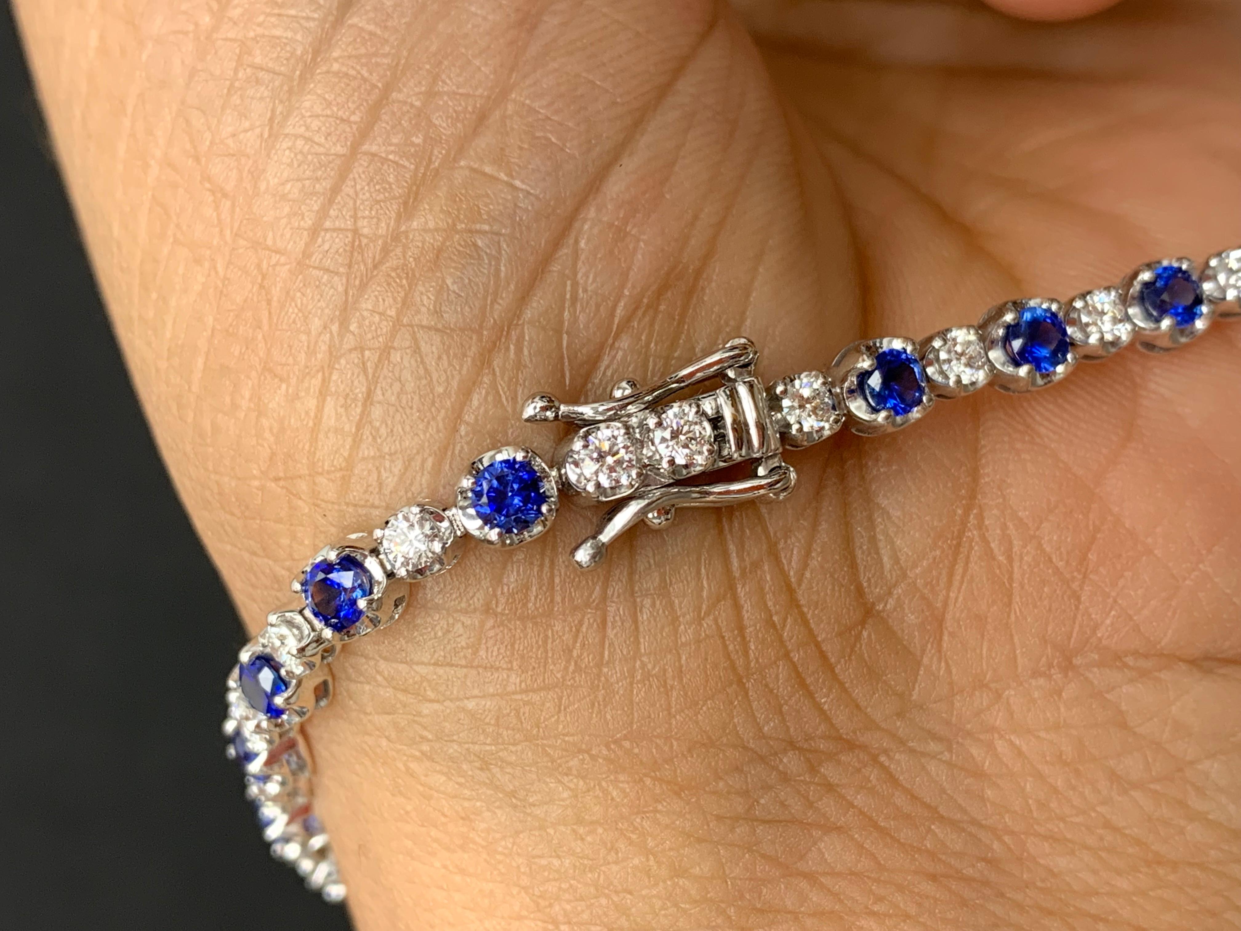 Round Cut 2.96 Carat Round Blue Sapphire and Diamond Bracelet in 14k White Gold For Sale