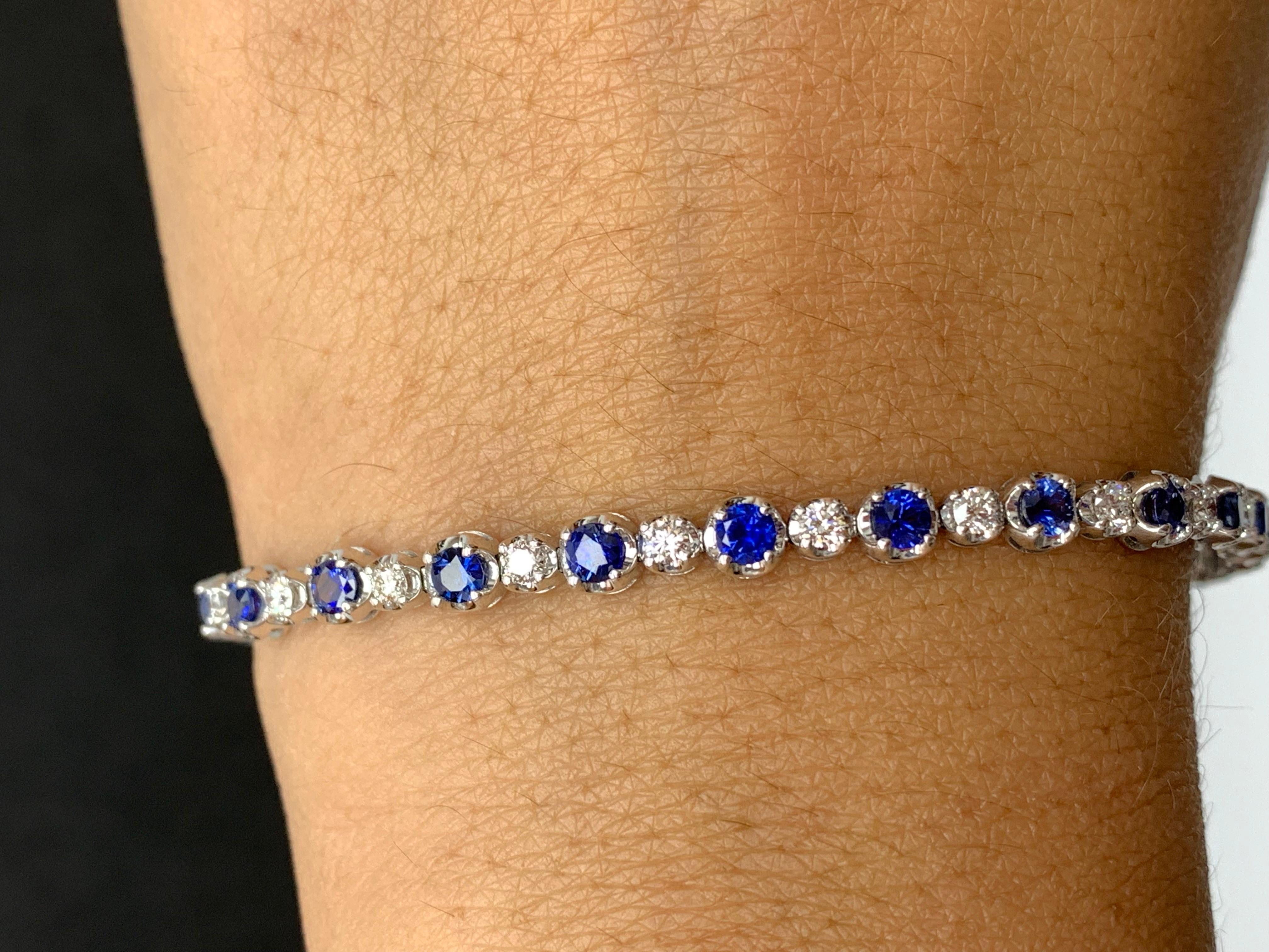 2.96 Carat Round Blue Sapphire and Diamond Bracelet in 14k White Gold For Sale 1